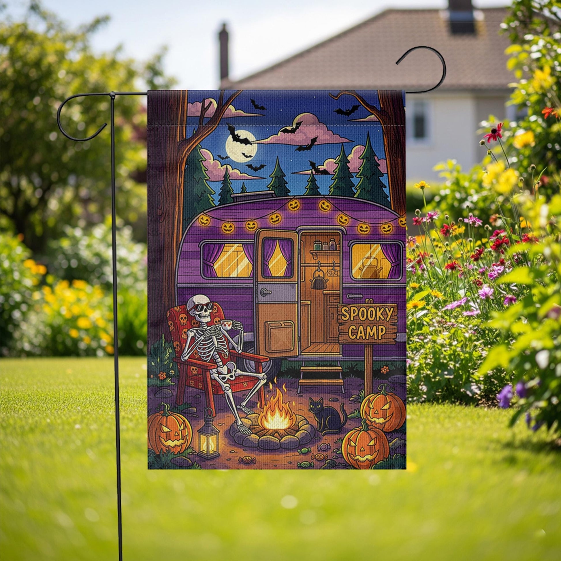 Spooky Camp Halloween Garden Flag – Skeleton Camper Firepit Yard Decor – Fall Camping Outdoor Sign