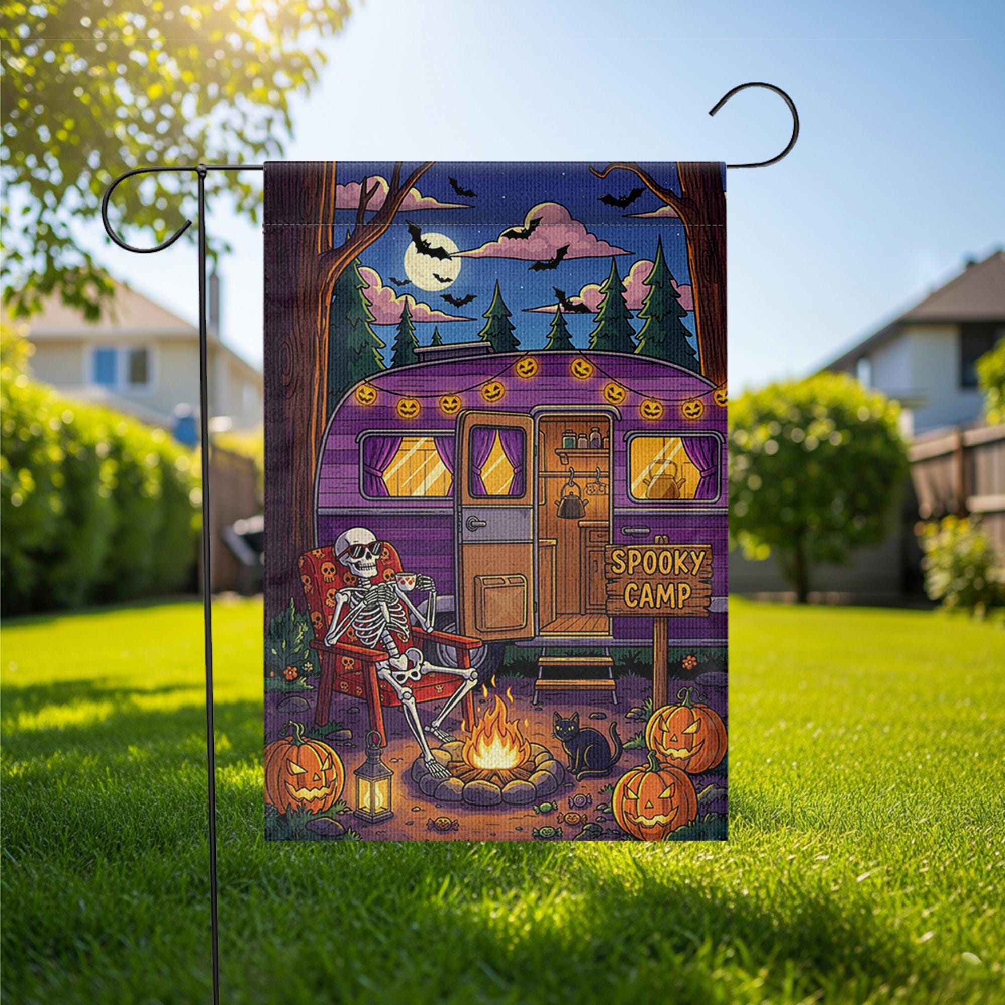 Spooky Camp Halloween Garden Flag – Skeleton Camper Firepit Yard Decor – Fall Camping Outdoor Sign