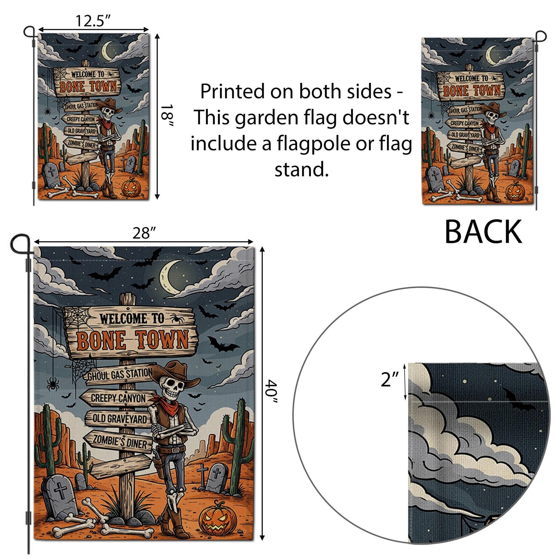 Welcome to Bone Town Halloween Garden Flag – Cowboy Skeleton Yard Sign – Funny Spooky Western Decor