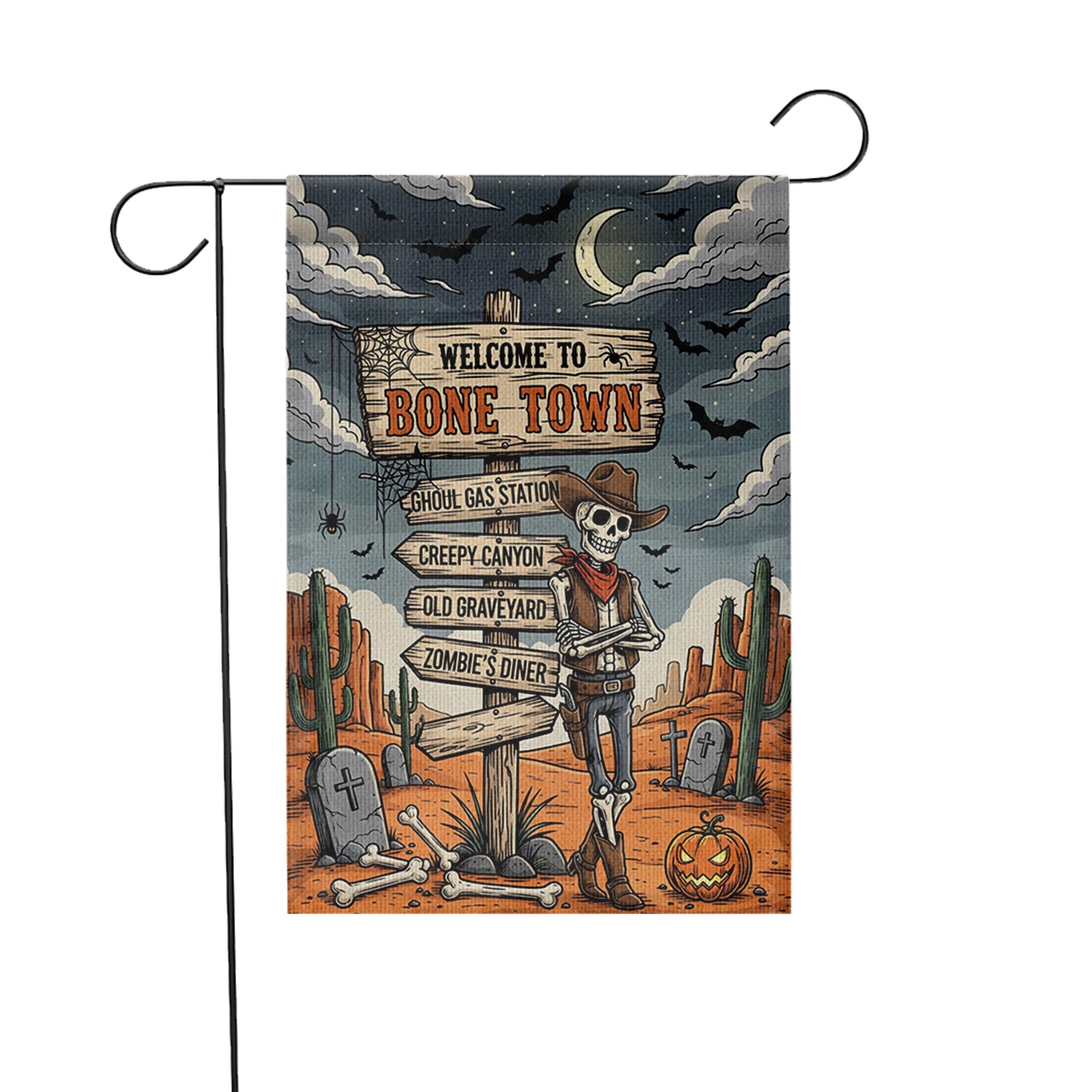 Welcome to Bone Town Halloween Garden Flag – Cowboy Skeleton Yard Sign – Funny Spooky Western Decor