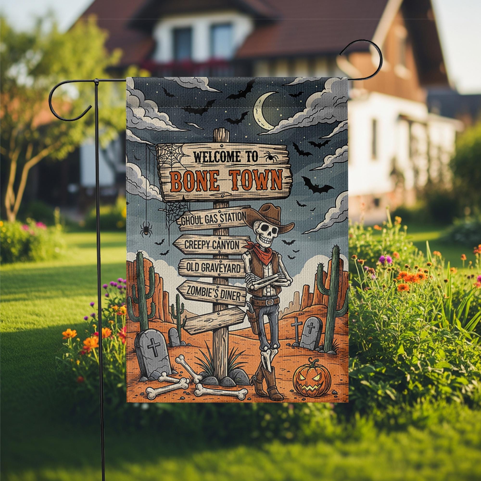 Welcome to Bone Town Halloween Garden Flag – Cowboy Skeleton Yard Sign – Funny Spooky Western Decor