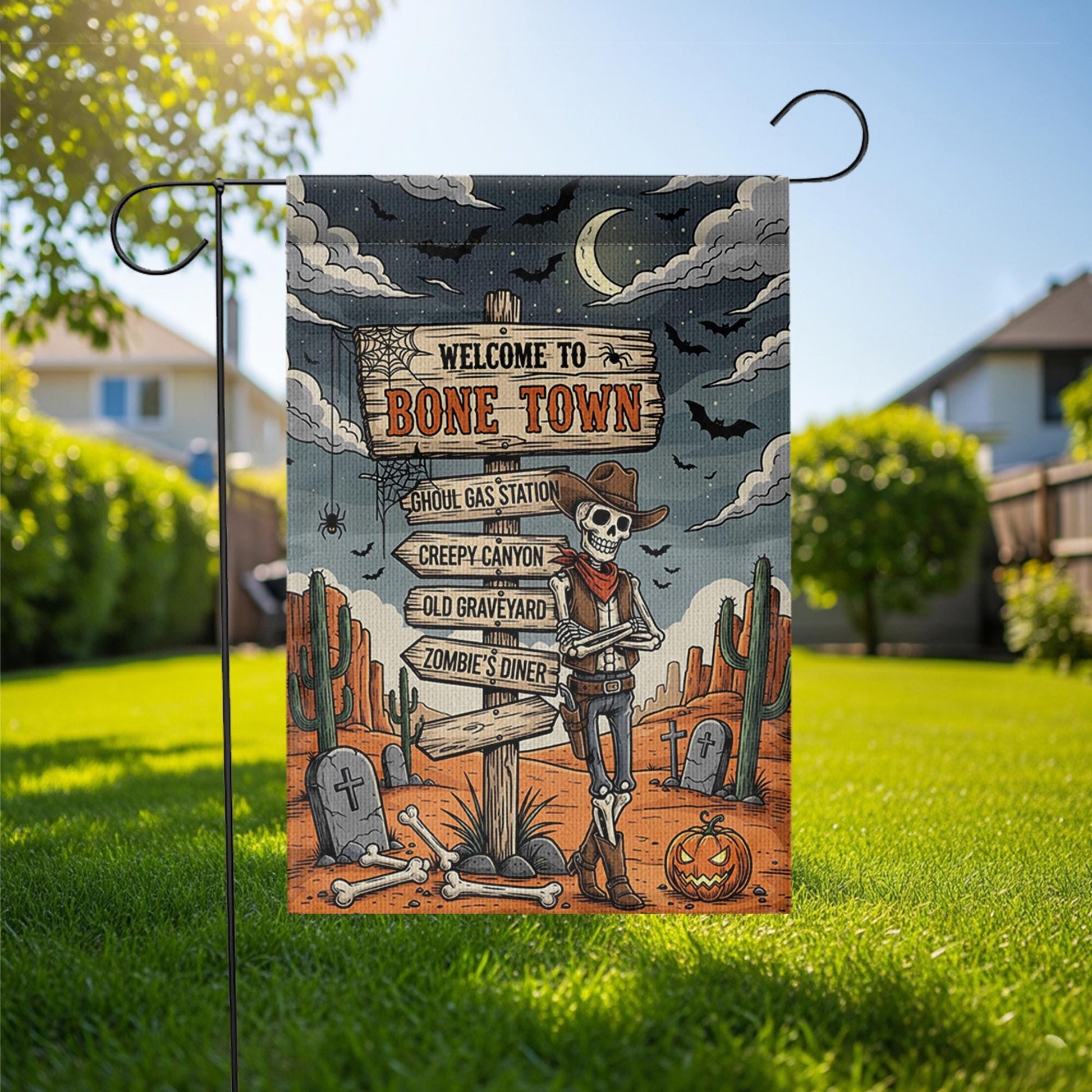 Welcome to Bone Town Halloween Garden Flag – Cowboy Skeleton Yard Sign – Funny Spooky Western Decor