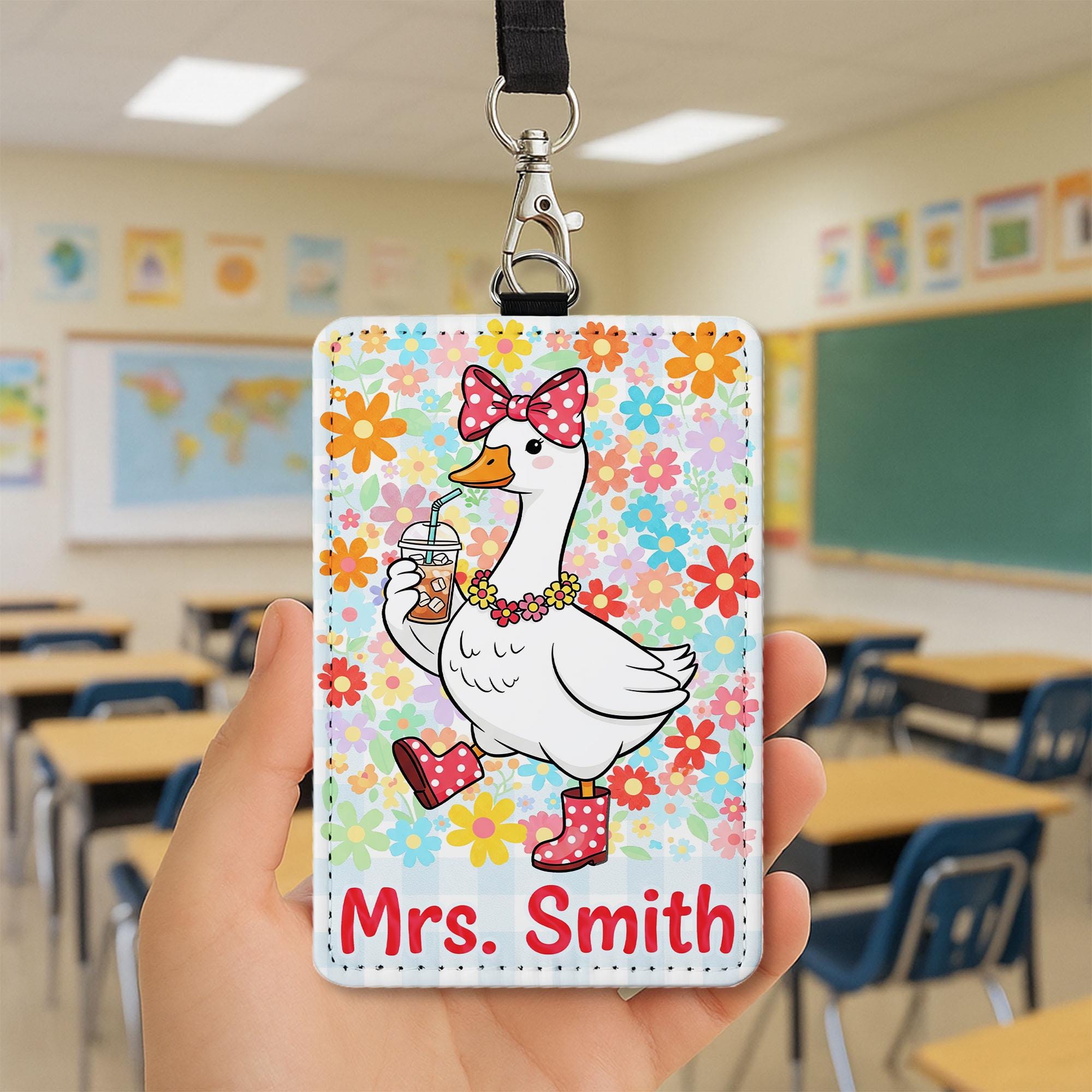 Cute Teacher Badge Holder, Personalized Duck ID Tag, Floral Name Lanyard, Funny Classroom Accessory, Custom Gift for Teacher