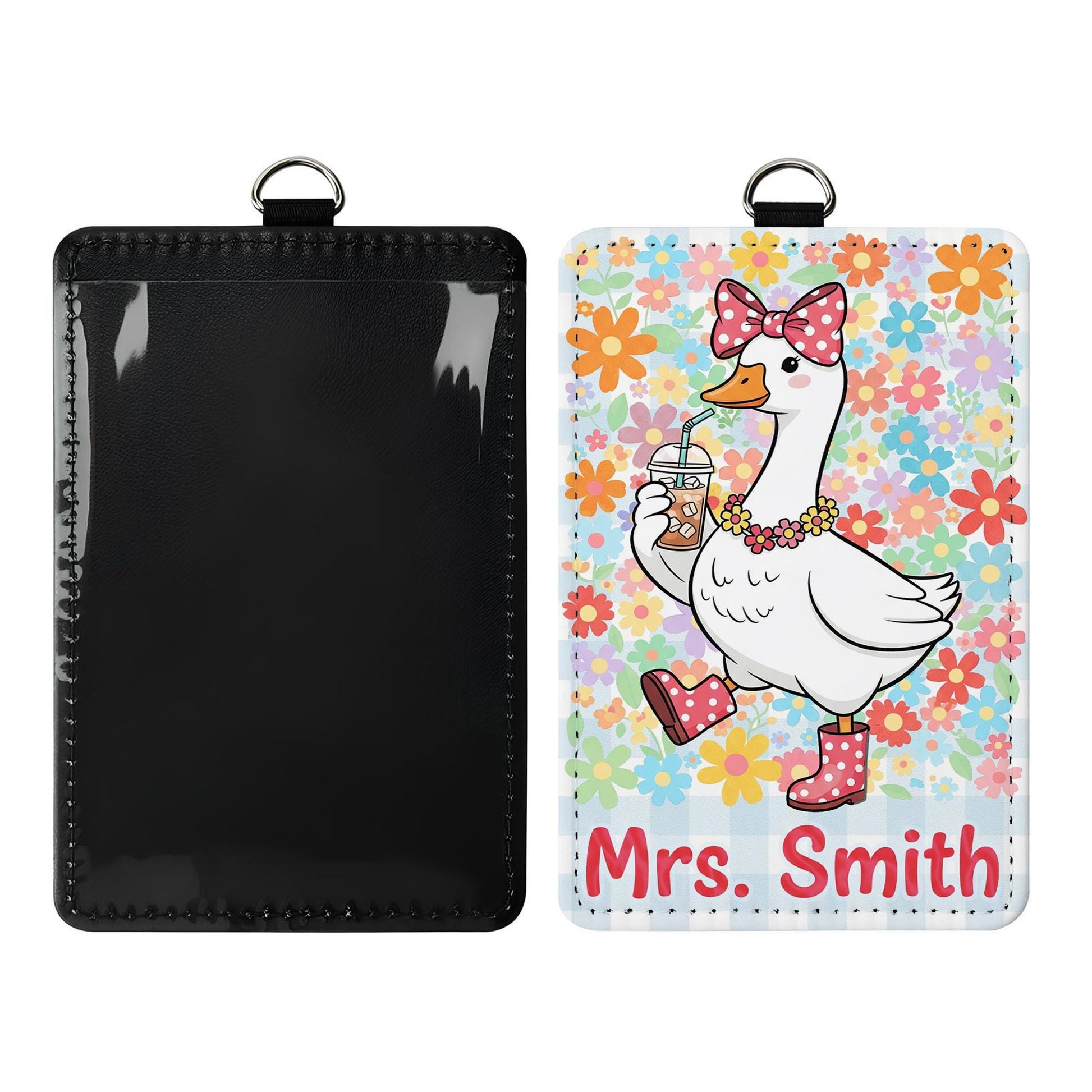 Cute Teacher Badge Holder, Personalized Duck ID Tag, Floral Name Lanyard, Funny Classroom Accessory, Custom Gift for Teacher