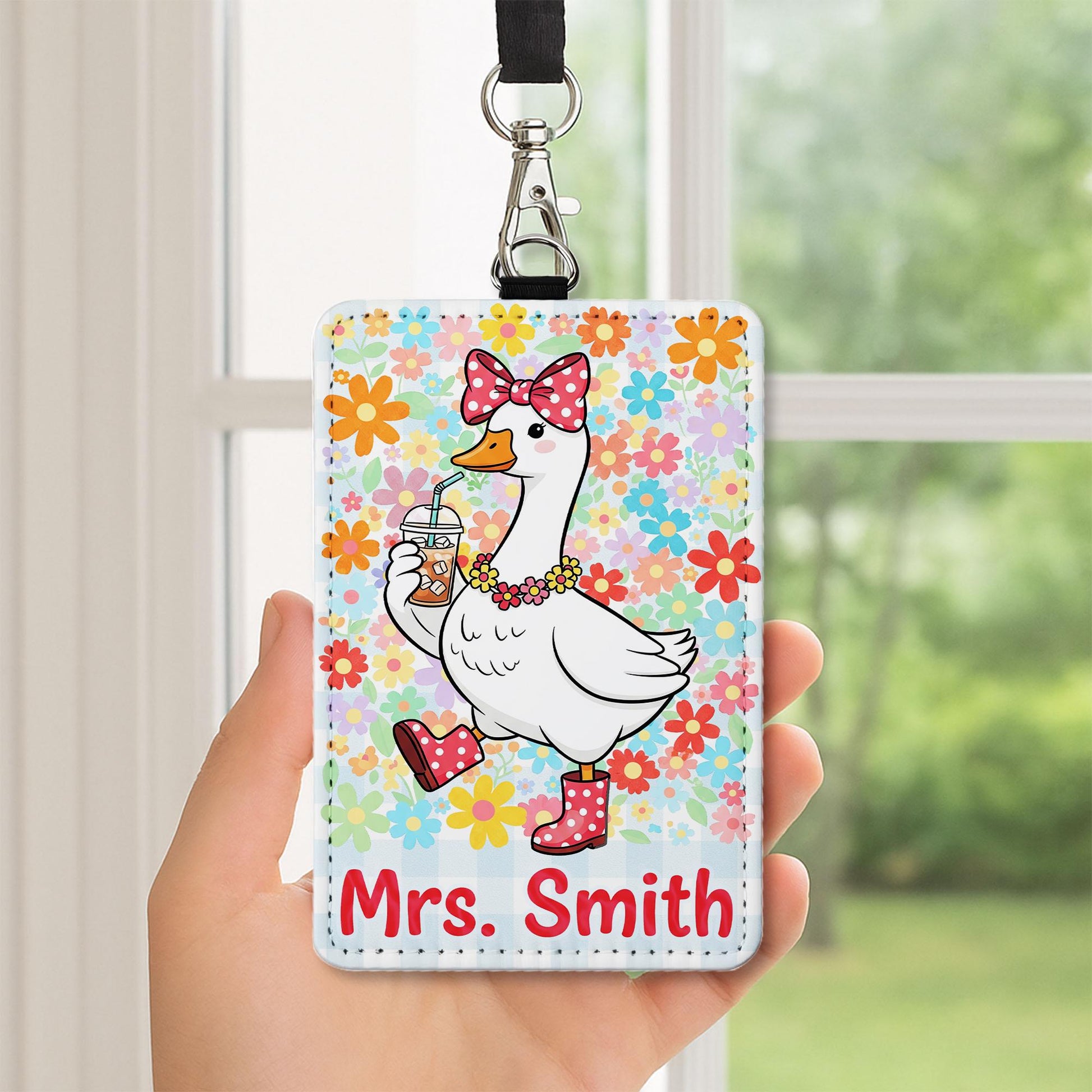Cute Teacher Badge Holder, Personalized Duck ID Tag, Floral Name Lanyard, Funny Classroom Accessory, Custom Gift for Teacher
