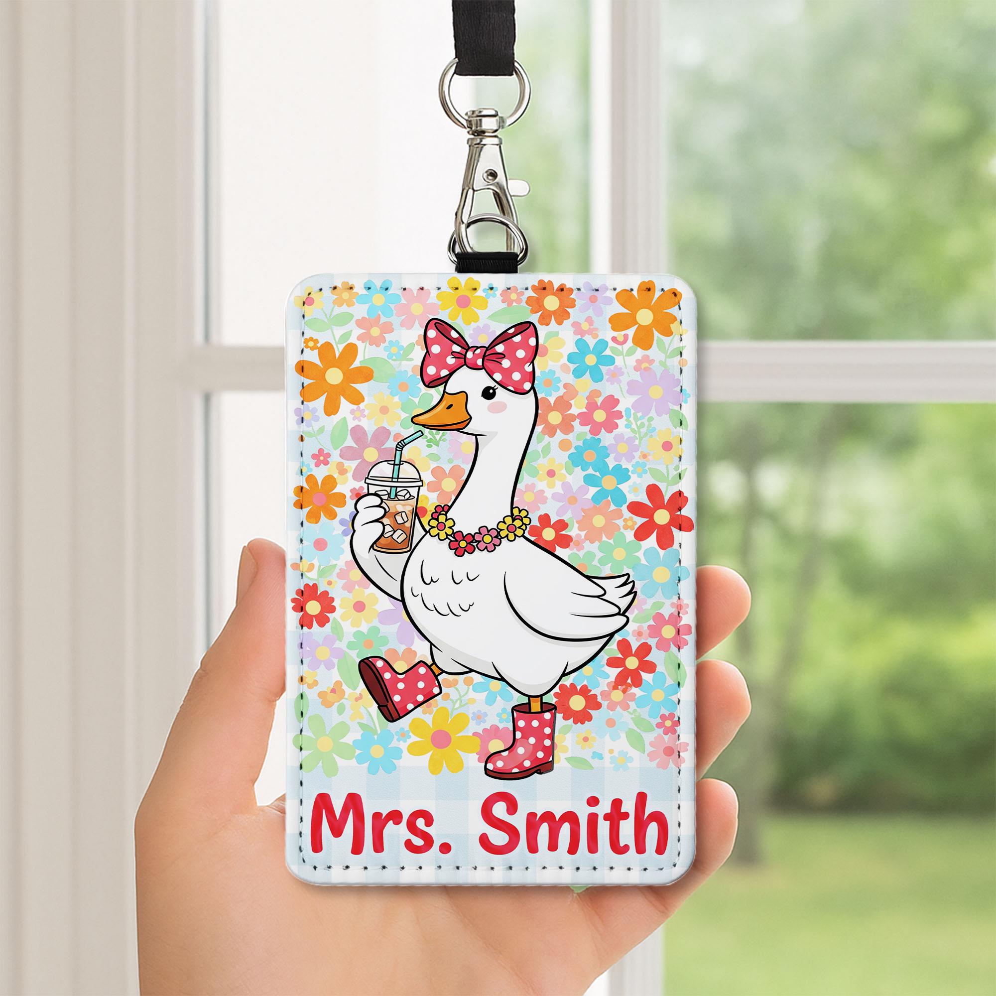 Cute Teacher Badge Holder, Personalized Duck ID Tag, Floral Name Lanyard, Funny Classroom Accessory, Custom Gift for Teacher