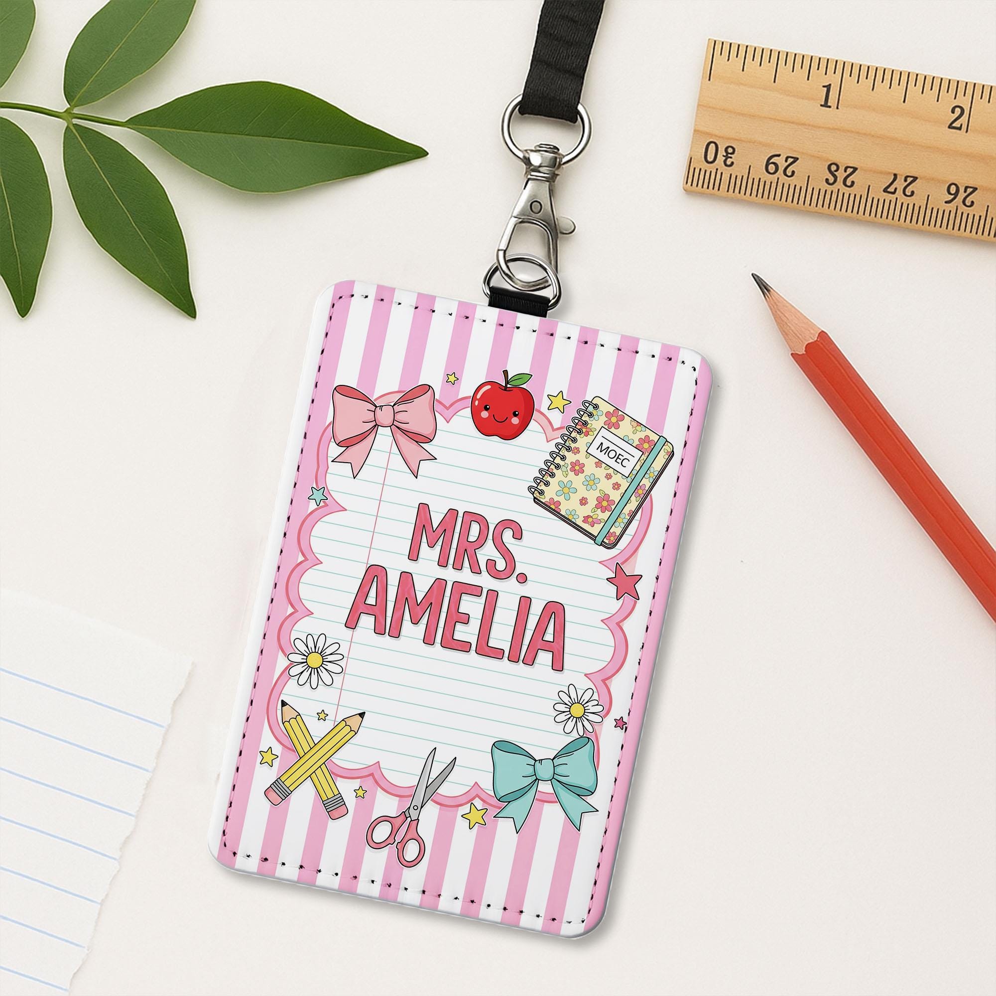 Personalized Teacher Badge Holder, Cute Pink ID Tag for Women, Custom Name Lanyard, Classroom Gift for Teacher, School Accessory