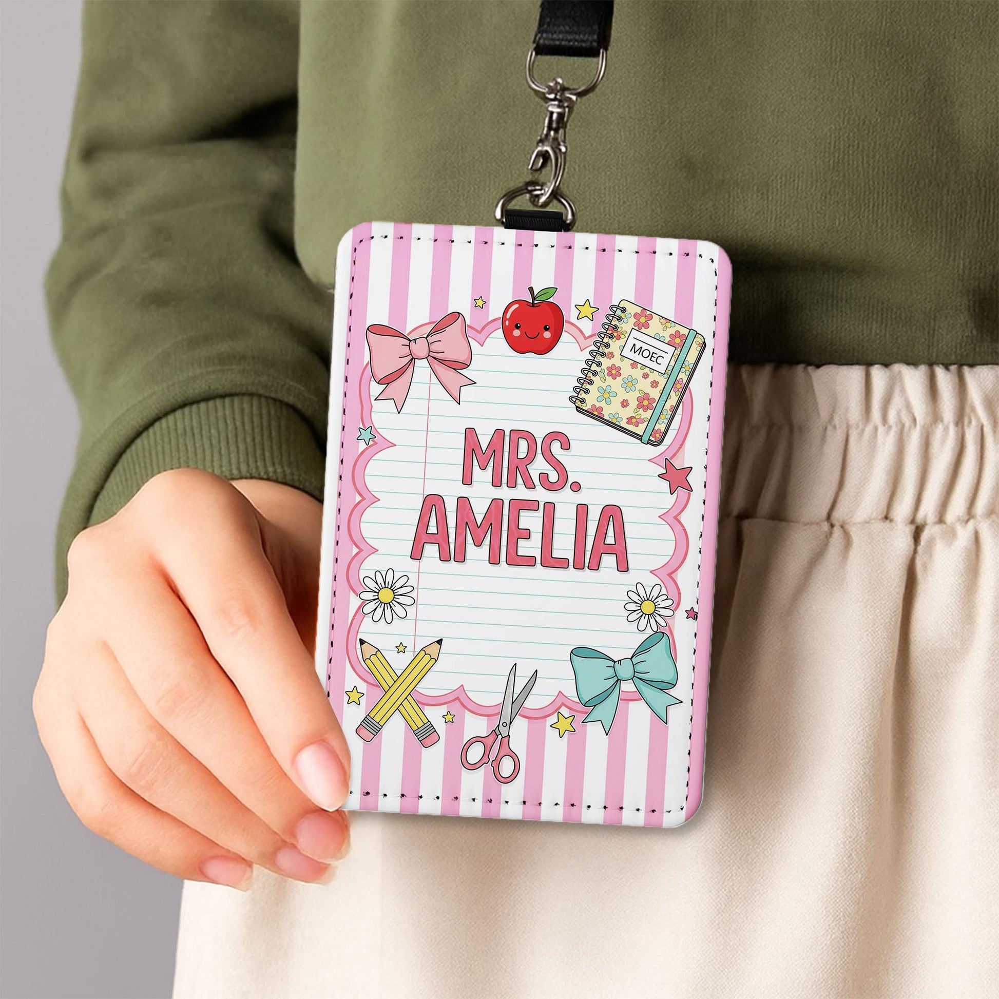Personalized Teacher Badge Holder, Cute Pink ID Tag for Women, Custom Name Lanyard, Classroom Gift for Teacher, School Accessory