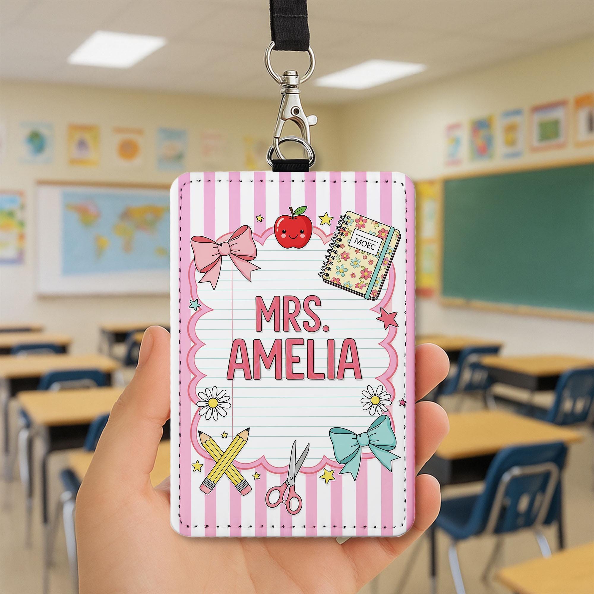 Personalized Teacher Badge Holder, Cute Pink ID Tag for Women, Custom Name Lanyard, Classroom Gift for Teacher, School Accessory