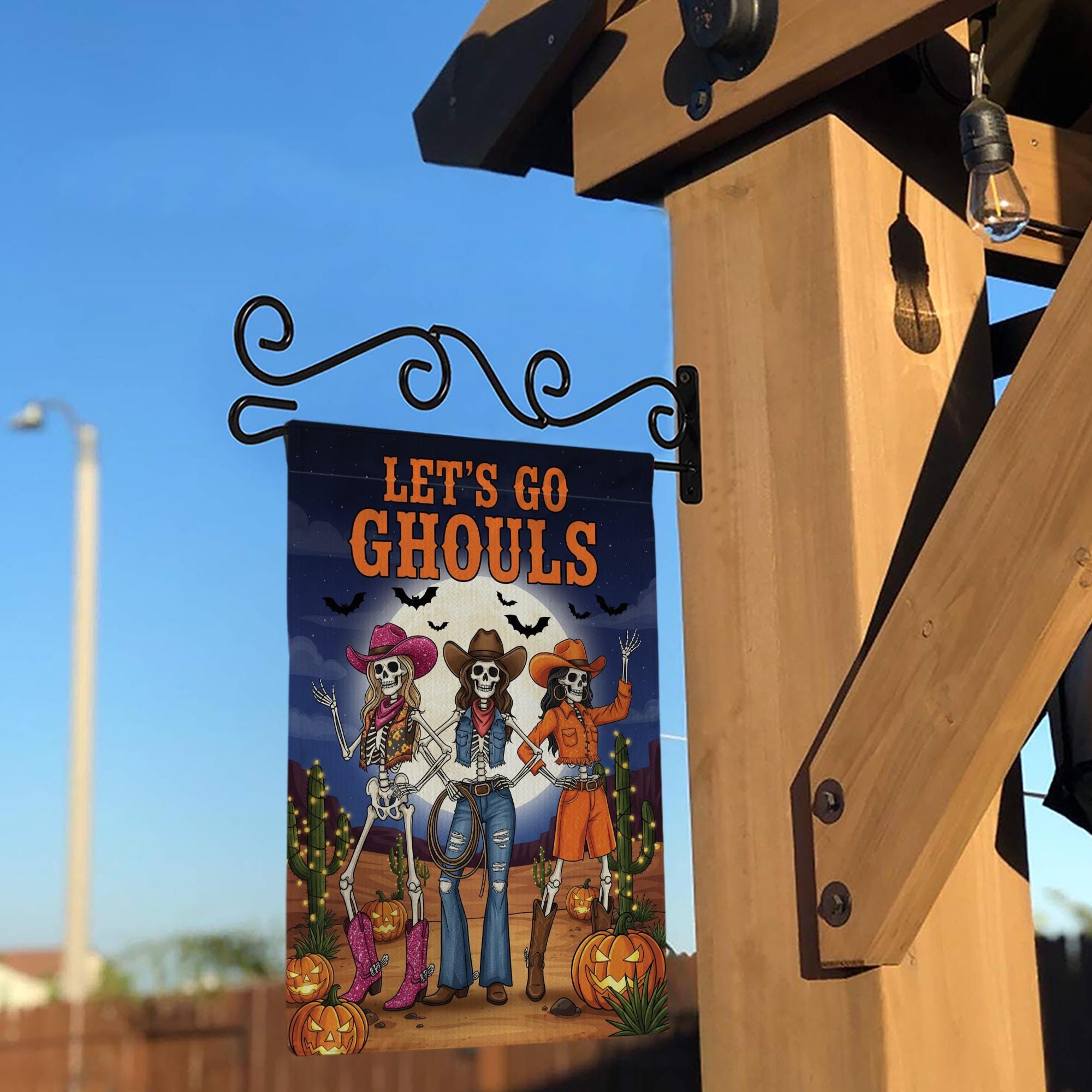 Let’s Go Ghouls Garden Flag – Western Cowgirl Skeleton Halloween Outdoor Décor – Funny Spooky Fall Yard Sign