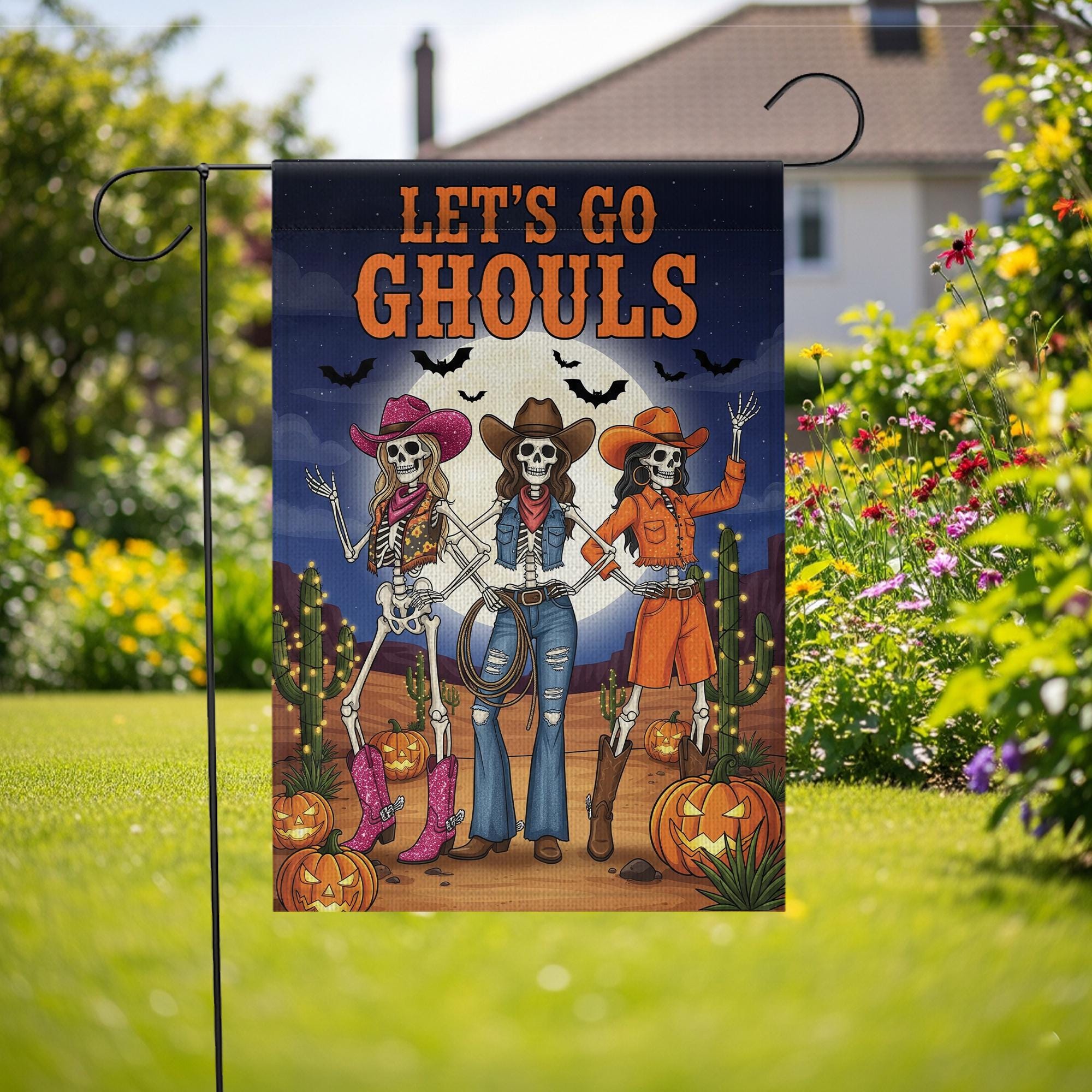 Let’s Go Ghouls Garden Flag – Western Cowgirl Skeleton Halloween Outdoor Décor – Funny Spooky Fall Yard Sign