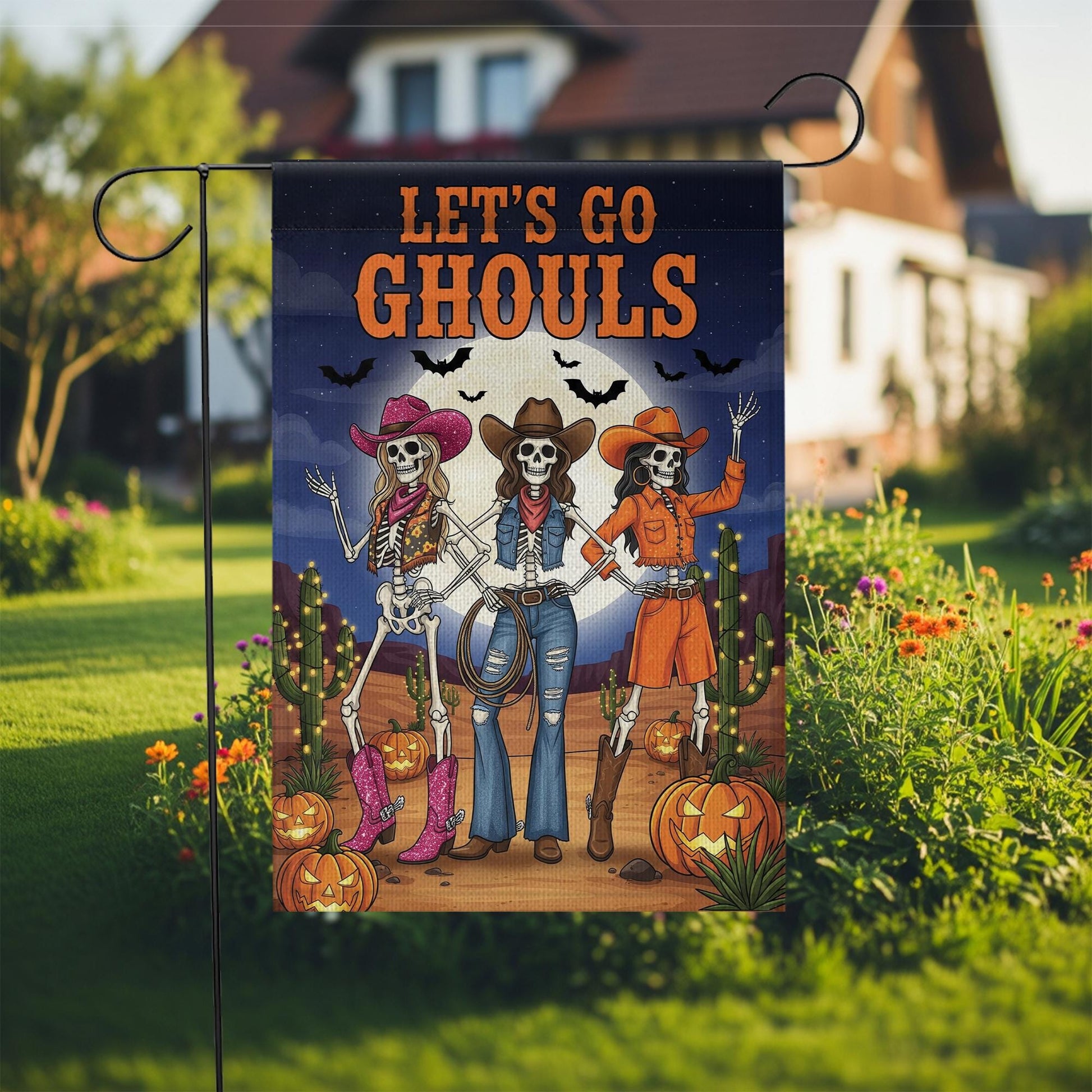 Let’s Go Ghouls Garden Flag – Western Cowgirl Skeleton Halloween Outdoor Décor – Funny Spooky Fall Yard Sign
