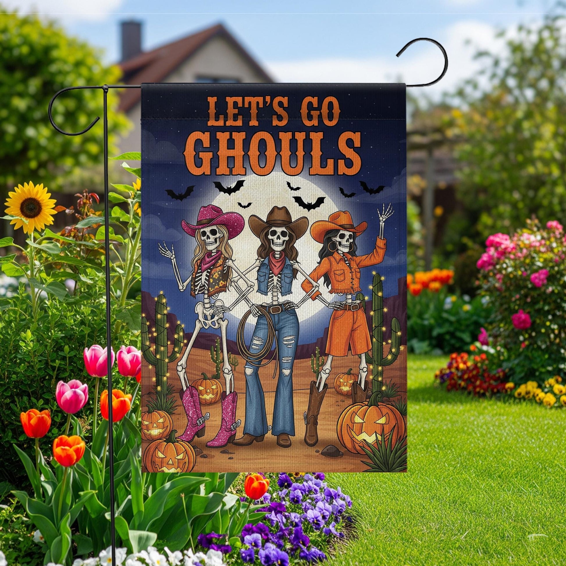 Let’s Go Ghouls Garden Flag – Western Cowgirl Skeleton Halloween Outdoor Décor – Funny Spooky Fall Yard Sign