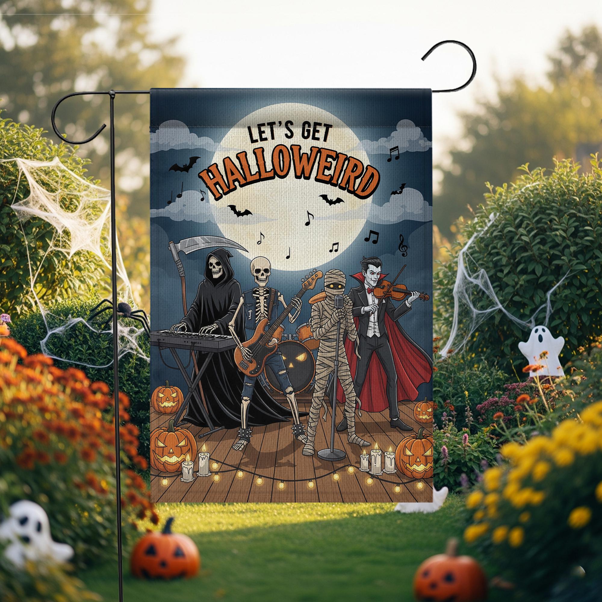 Let’s Get Halloweird Garden Flag – Halloween Band Skeleton Grim Reaper Vampire Yard Décor – Funny Spooky Fall Sign
