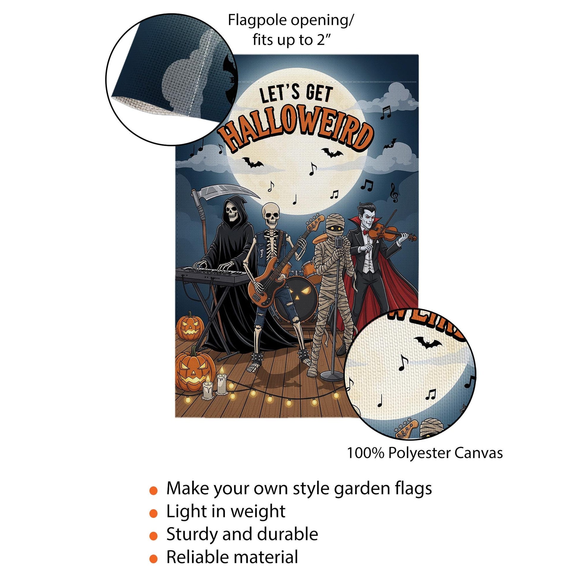 Let’s Get Halloweird Garden Flag – Halloween Band Skeleton Grim Reaper Vampire Yard Décor – Funny Spooky Fall Sign