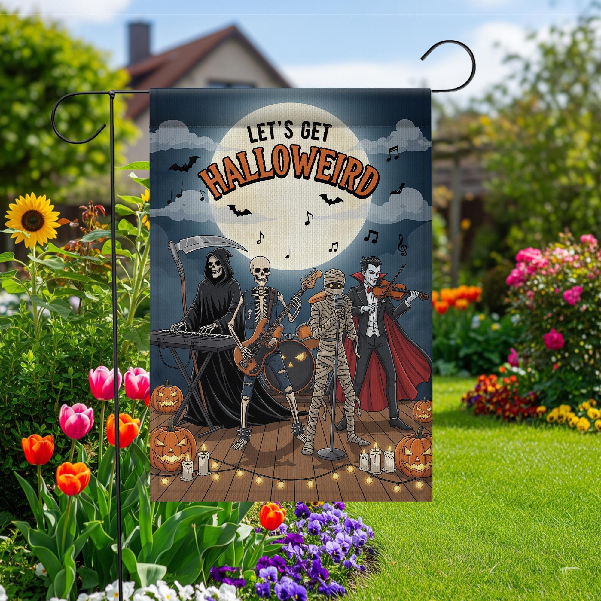 Let’s Get Halloweird Garden Flag – Halloween Band Skeleton Grim Reaper Vampire Yard Décor – Funny Spooky Fall Sign
