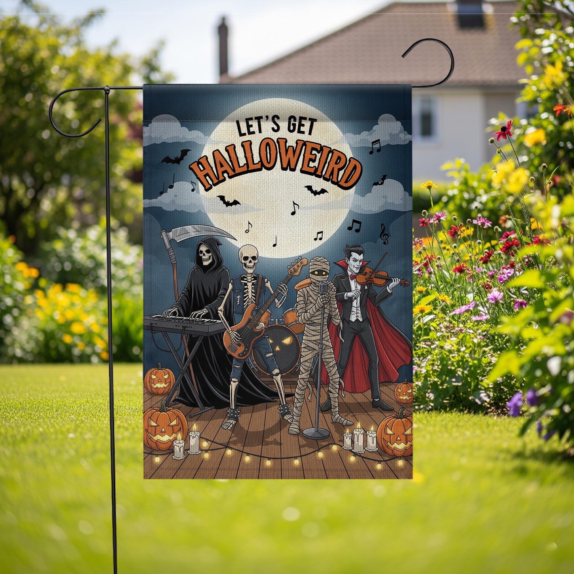 Let’s Get Halloweird Garden Flag – Halloween Band Skeleton Grim Reaper Vampire Yard Décor – Funny Spooky Fall Sign