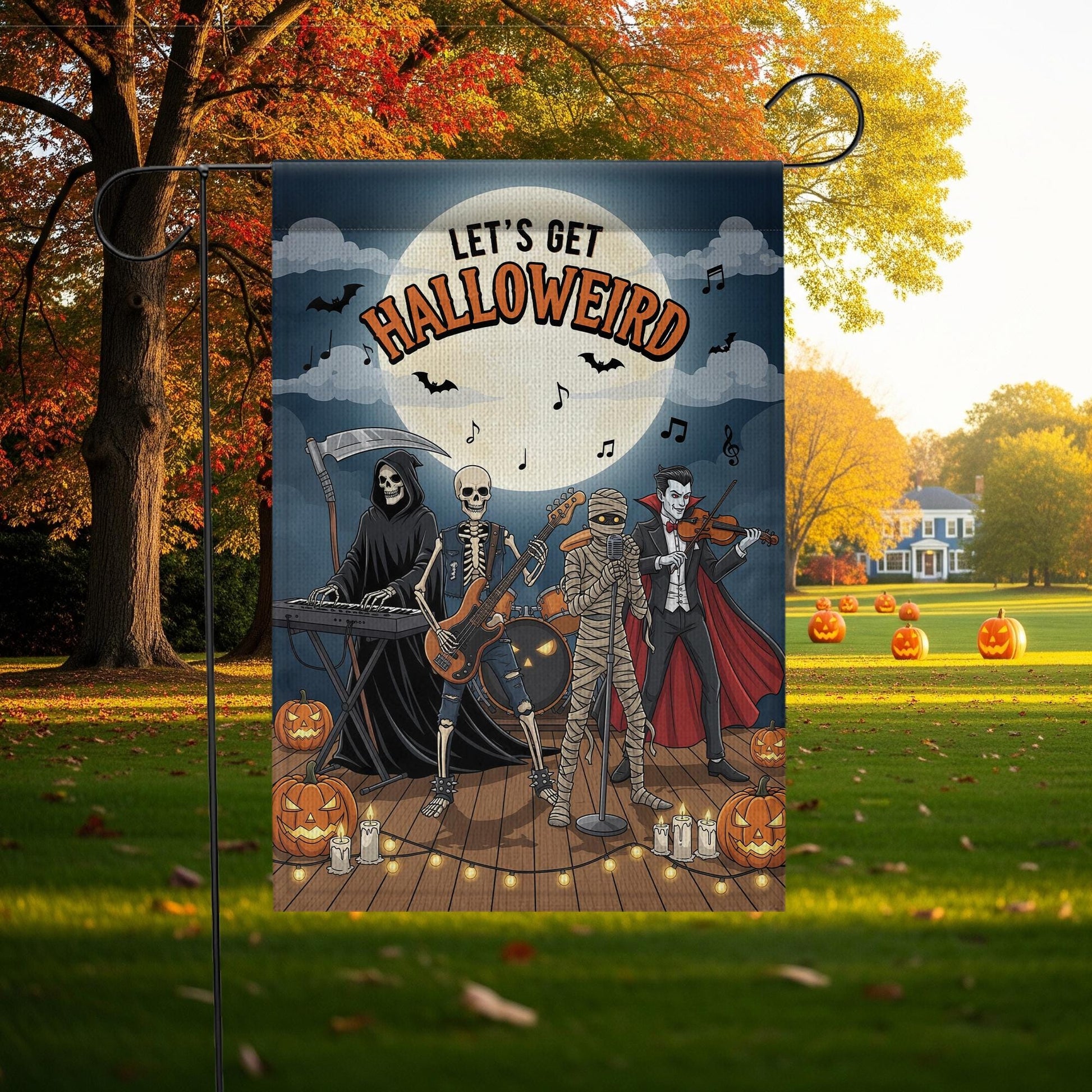 Let’s Get Halloweird Garden Flag – Halloween Band Skeleton Grim Reaper Vampire Yard Décor – Funny Spooky Fall Sign