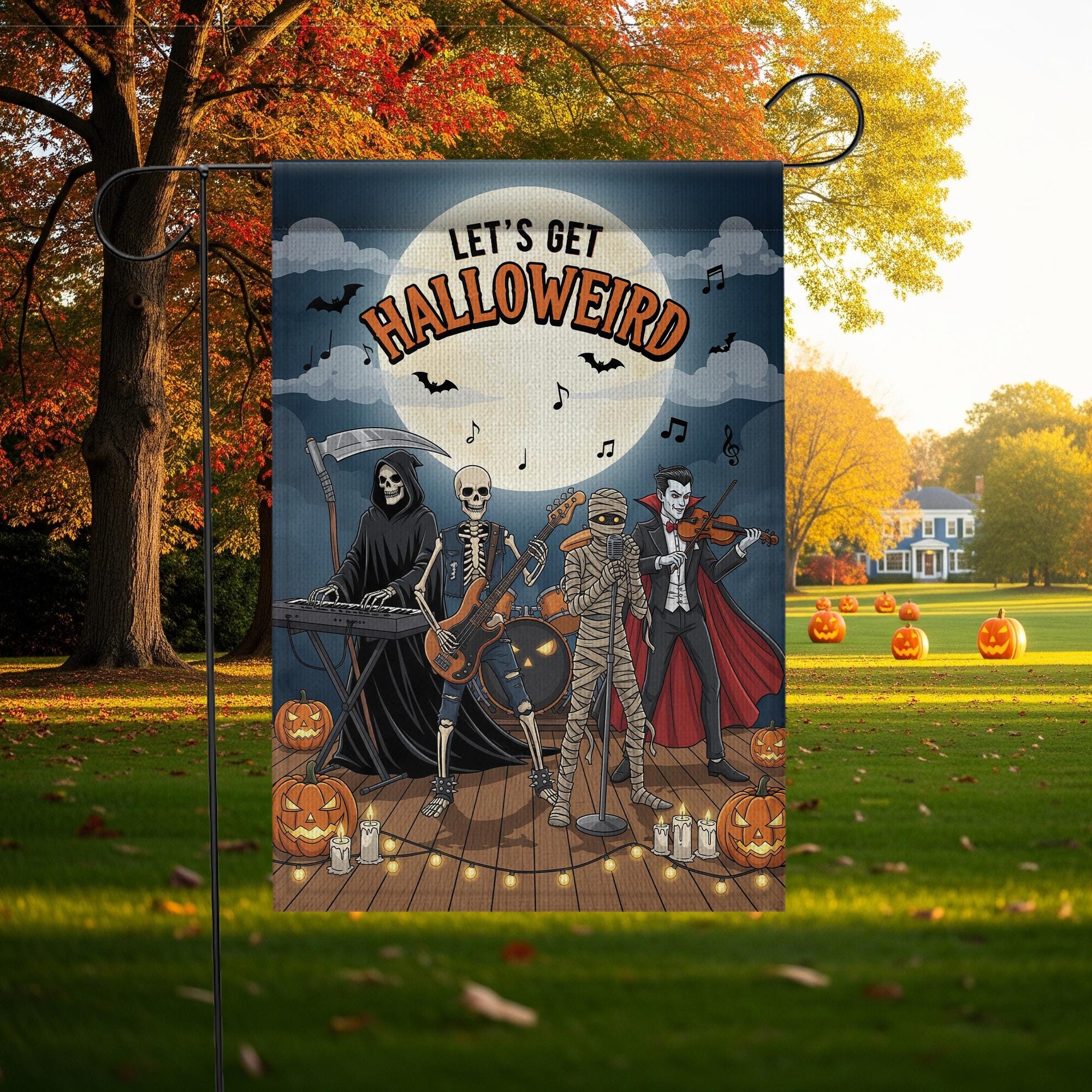 Let’s Get Halloweird Garden Flag – Halloween Band Skeleton Grim Reaper Vampire Yard Décor – Funny Spooky Fall Sign