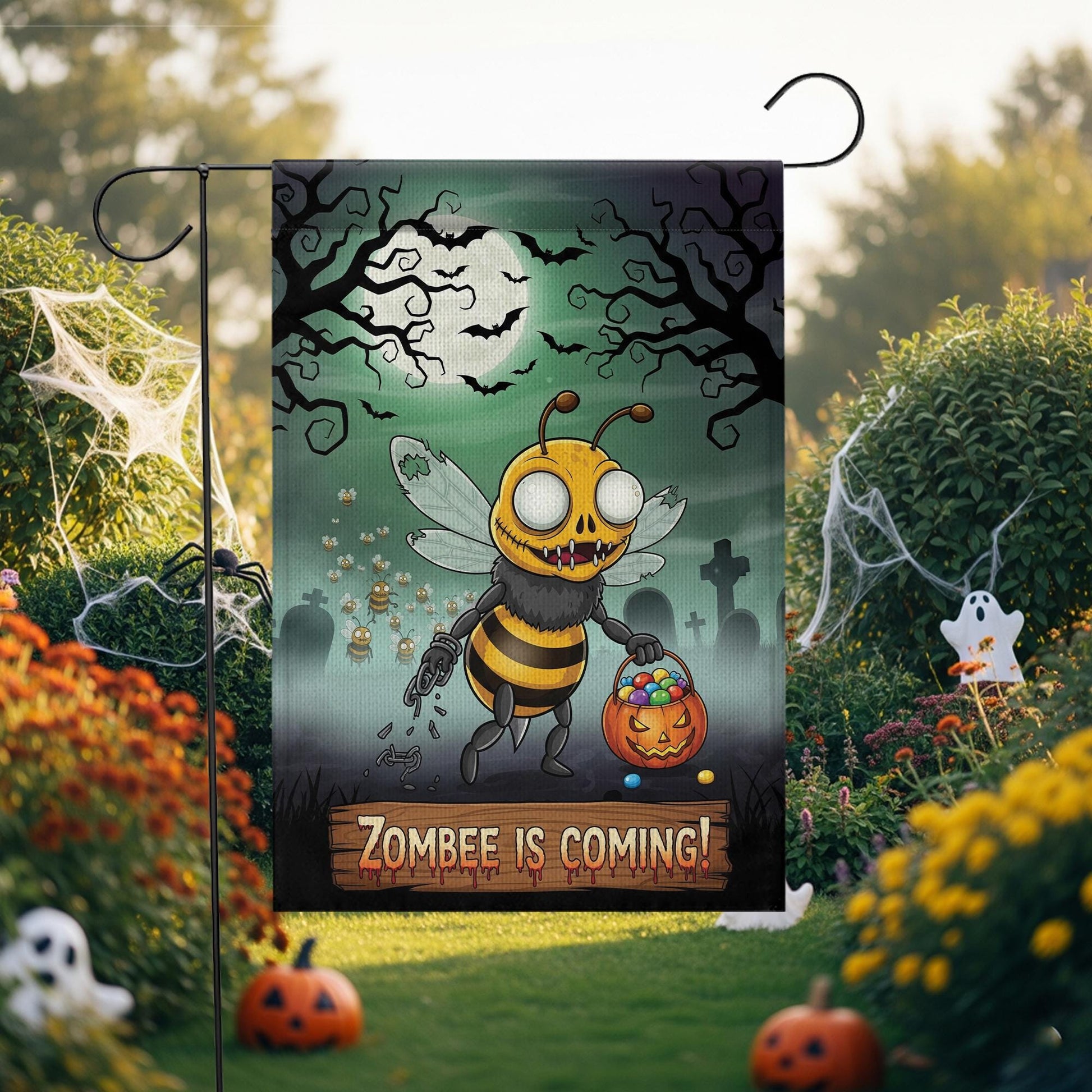 Zombee Halloween Garden Flag – Funny Zombie Bee Yard Sign – Spooky Cute Fall Outdoor Décor