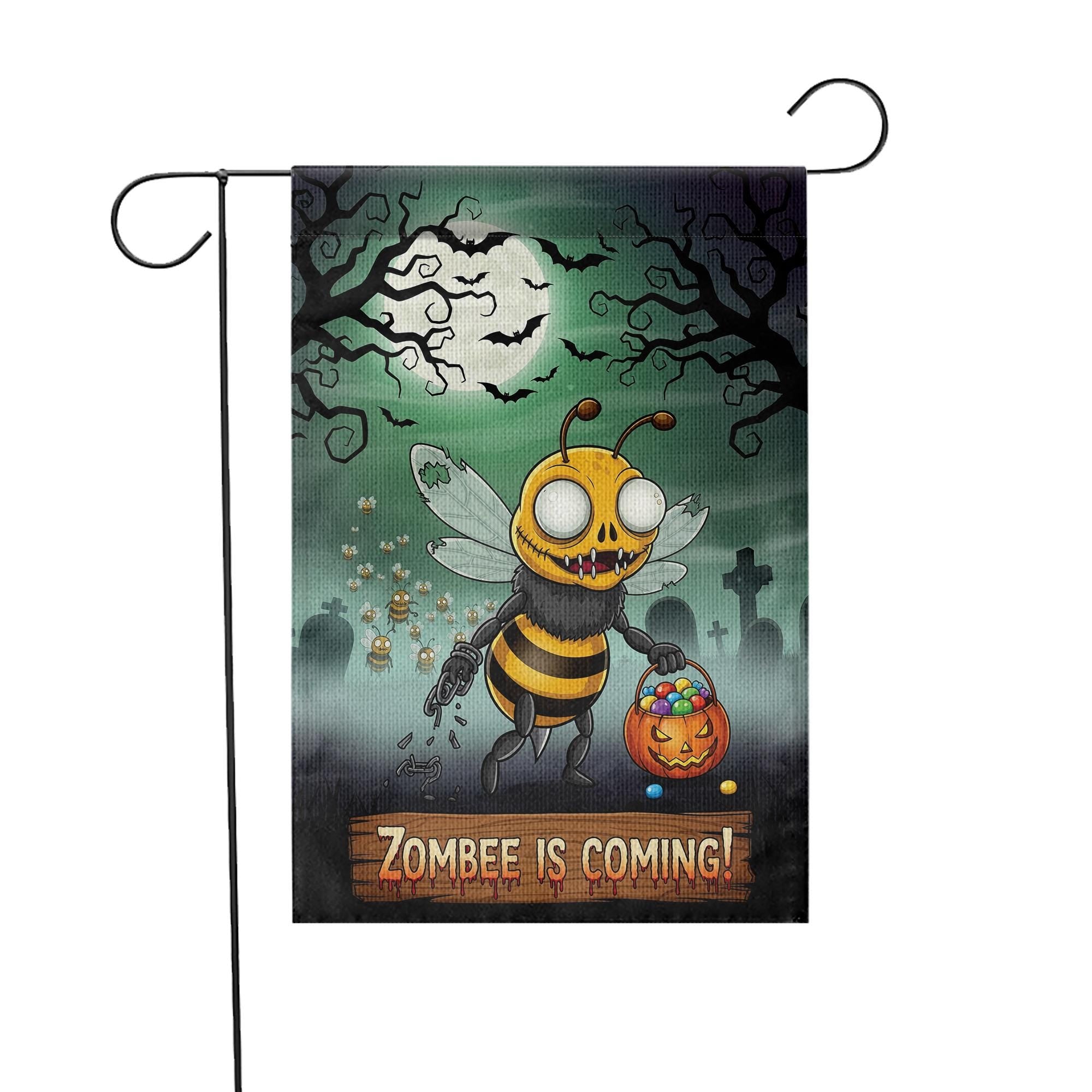 Zombee Halloween Garden Flag – Funny Zombie Bee Yard Sign – Spooky Cute Fall Outdoor Décor