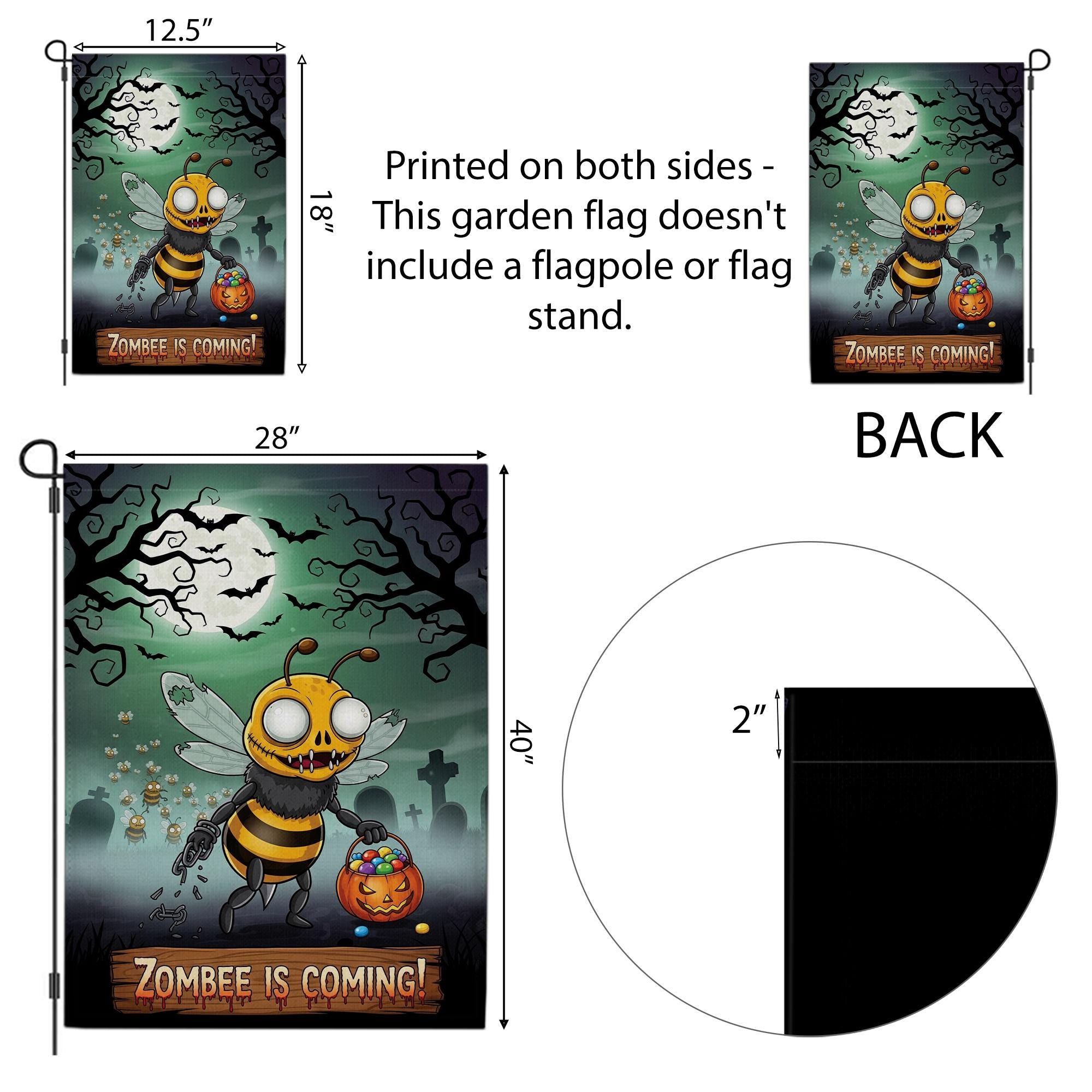 Zombee Halloween Garden Flag – Funny Zombie Bee Yard Sign – Spooky Cute Fall Outdoor Décor
