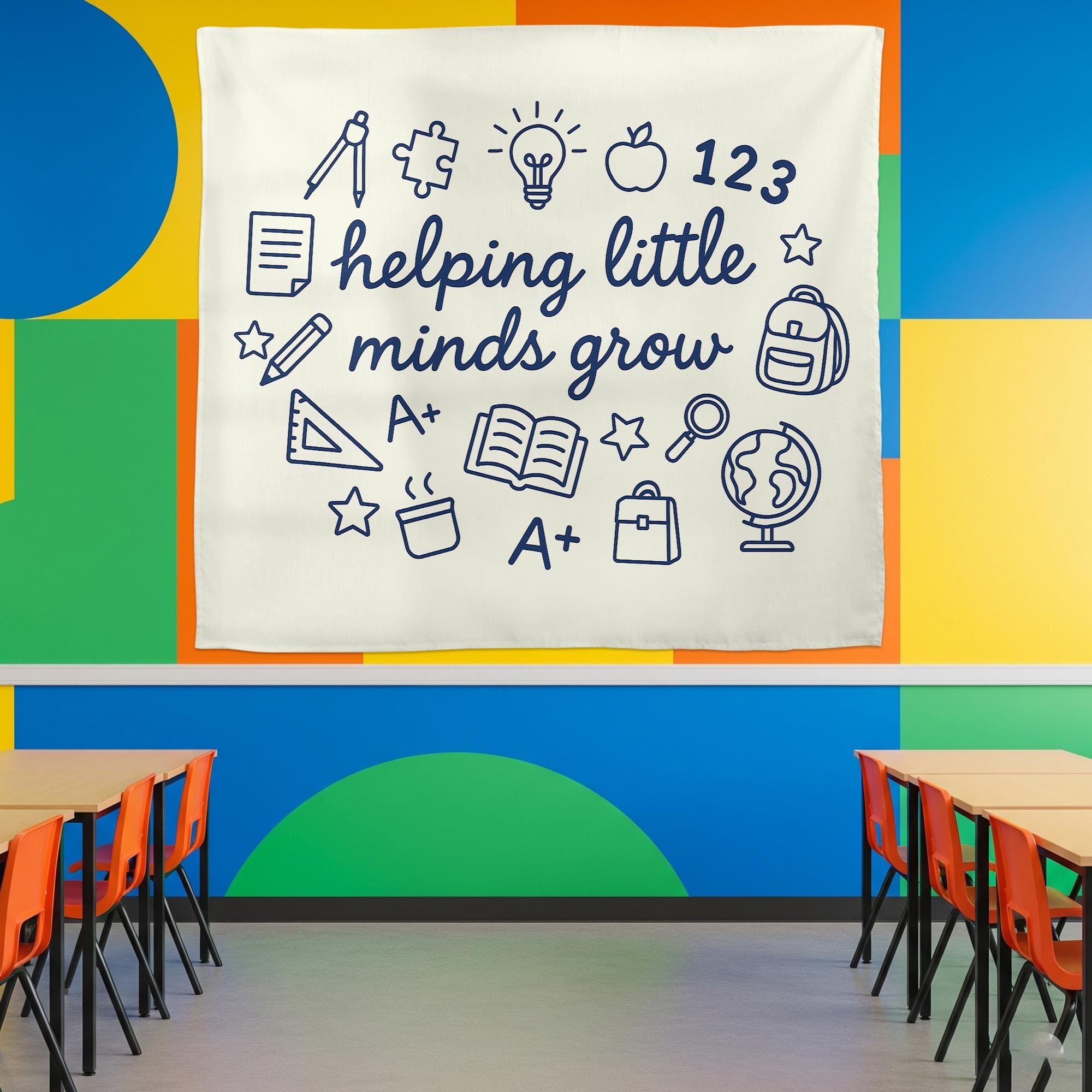 Helping Little Minds Grow Tapestry, Classroom Wall Decor, Teacher Gift, Kids Room Hanging Banner, Educational Art Print