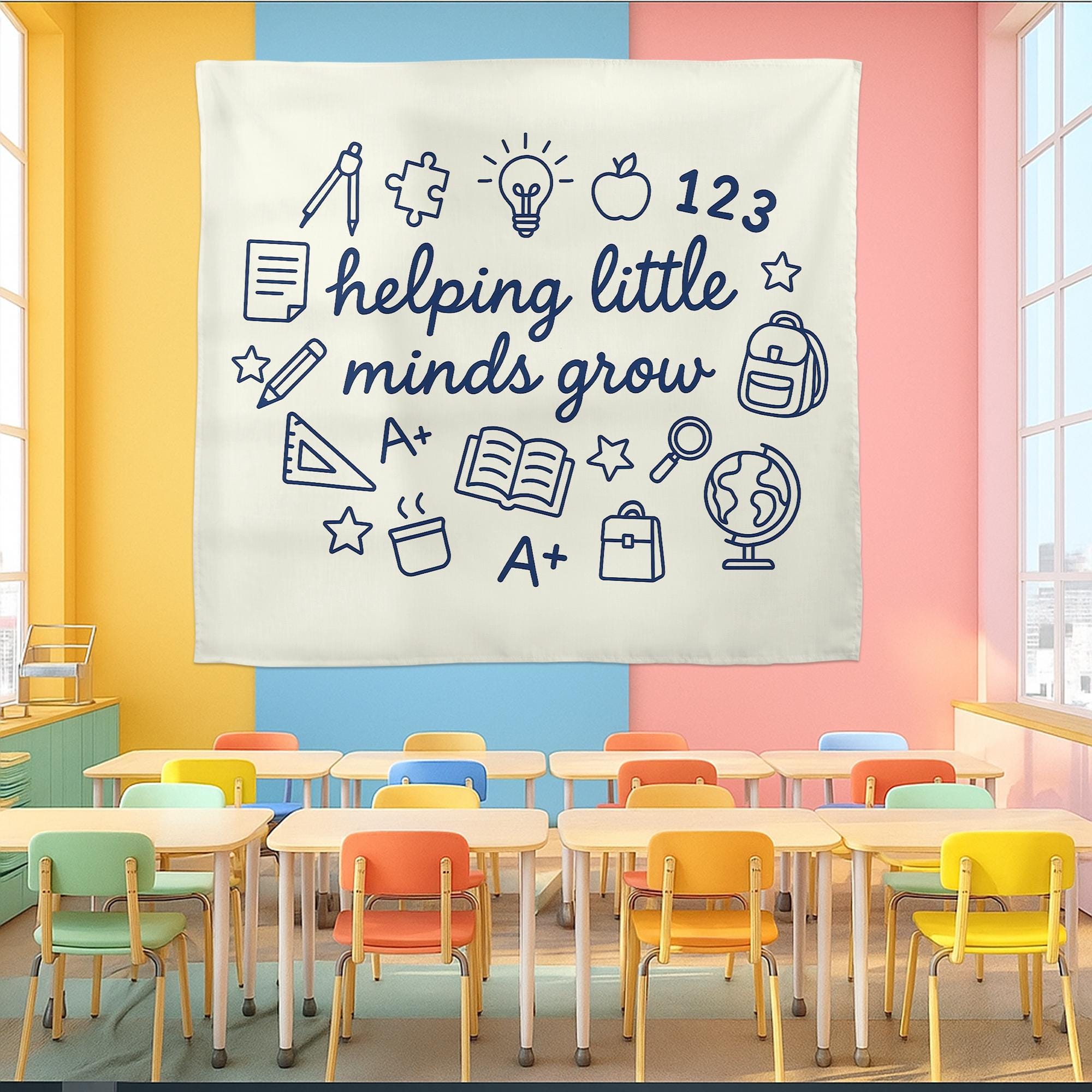 Helping Little Minds Grow Tapestry, Classroom Wall Decor, Teacher Gift, Kids Room Hanging Banner, Educational Art Print