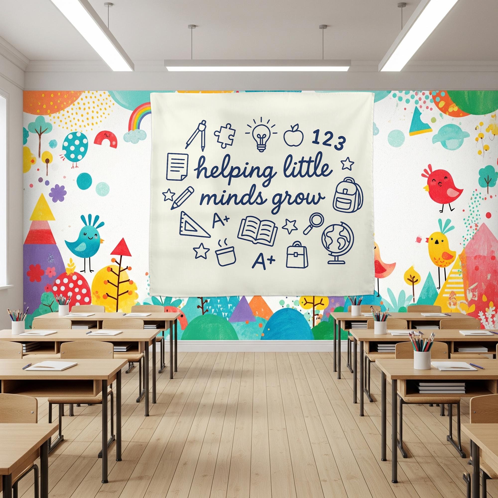 Helping Little Minds Grow Tapestry, Classroom Wall Decor, Teacher Gift, Kids Room Hanging Banner, Educational Art Print