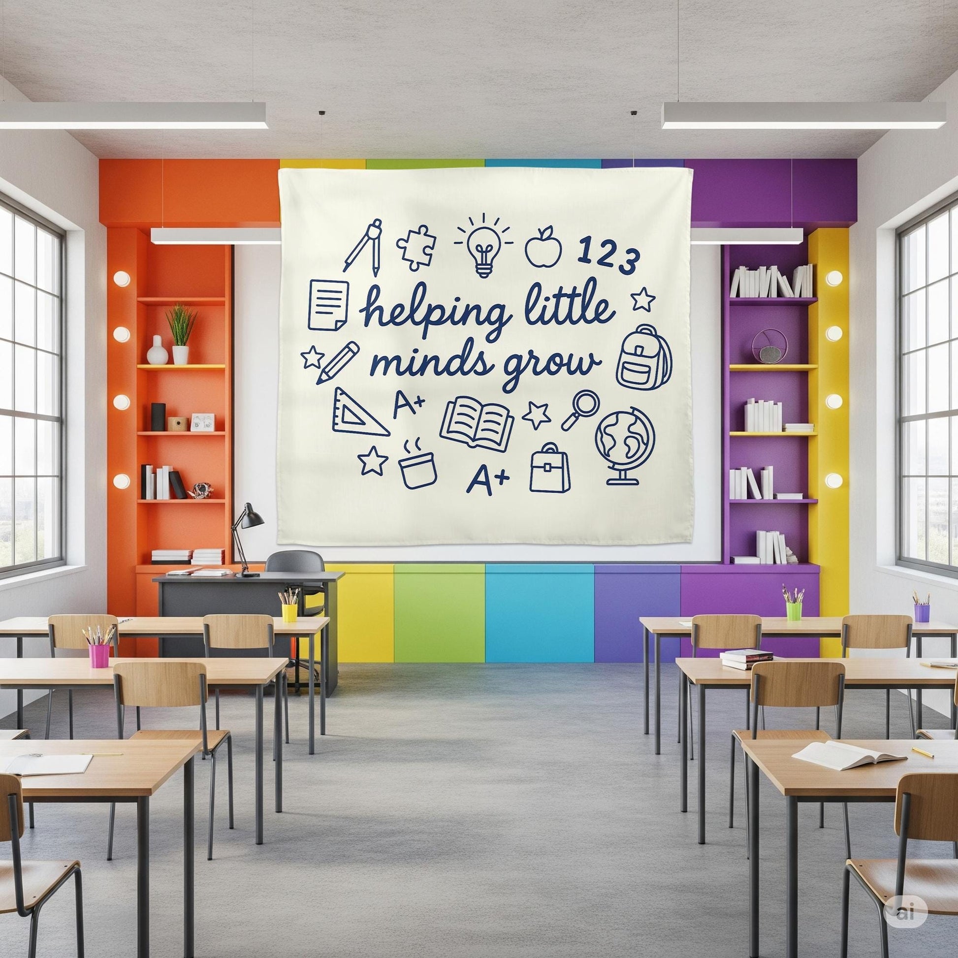 Helping Little Minds Grow Tapestry, Classroom Wall Decor, Teacher Gift, Kids Room Hanging Banner, Educational Art Print