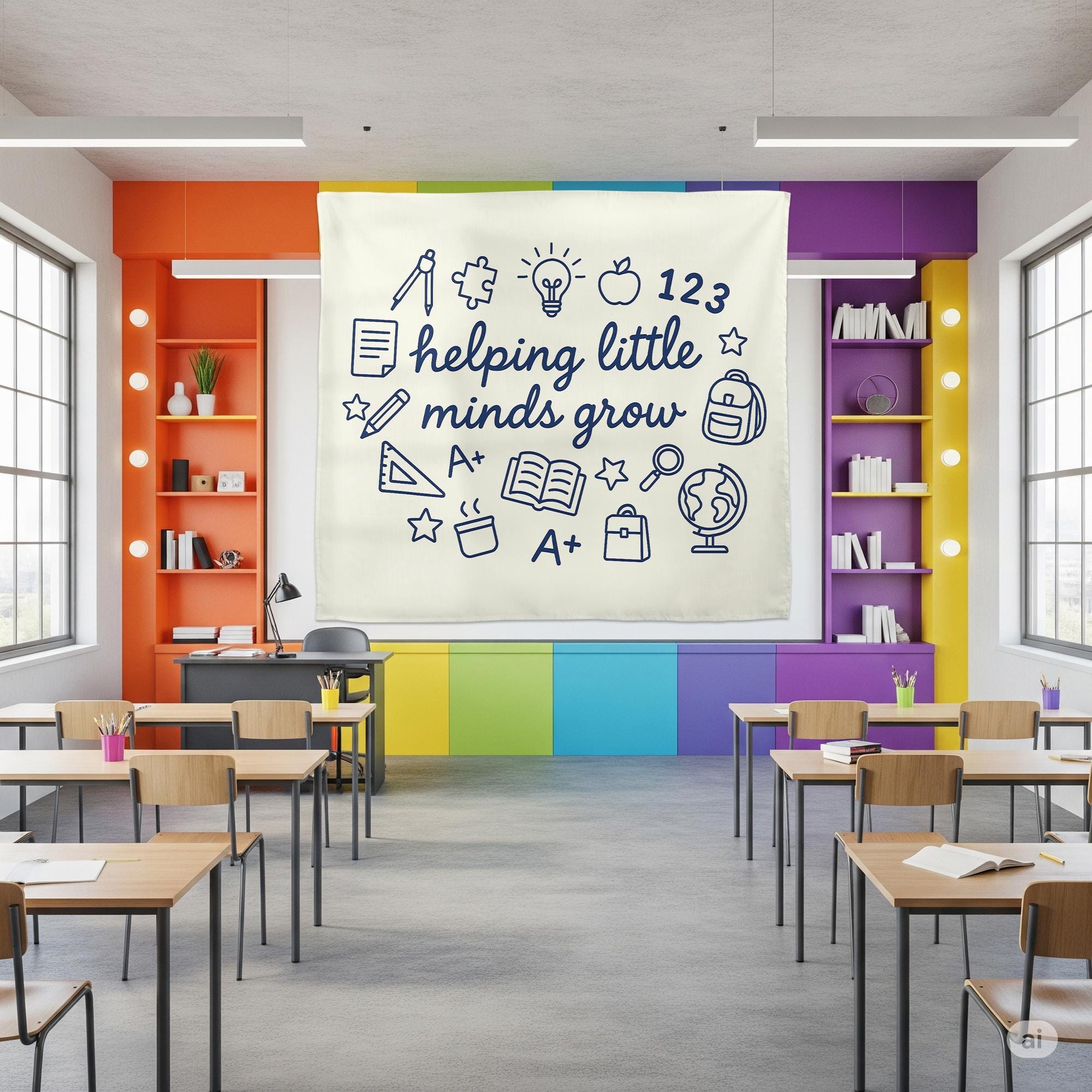 Helping Little Minds Grow Tapestry, Classroom Wall Decor, Teacher Gift, Kids Room Hanging Banner, Educational Art Print