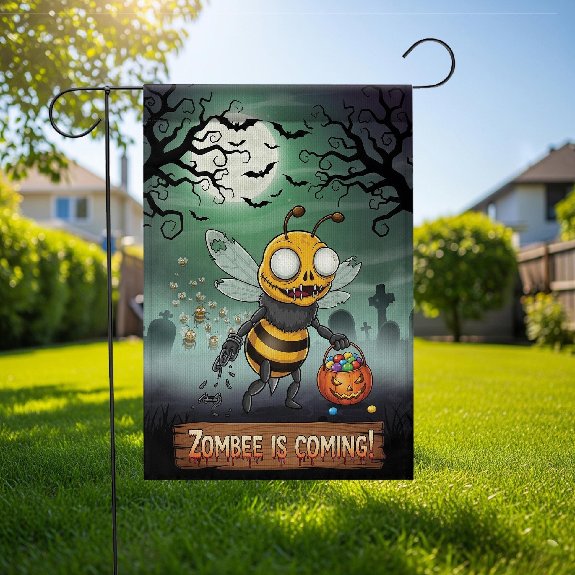 Zombee Halloween Garden Flag – Funny Zombie Bee Yard Sign – Spooky Cute Fall Outdoor Décor