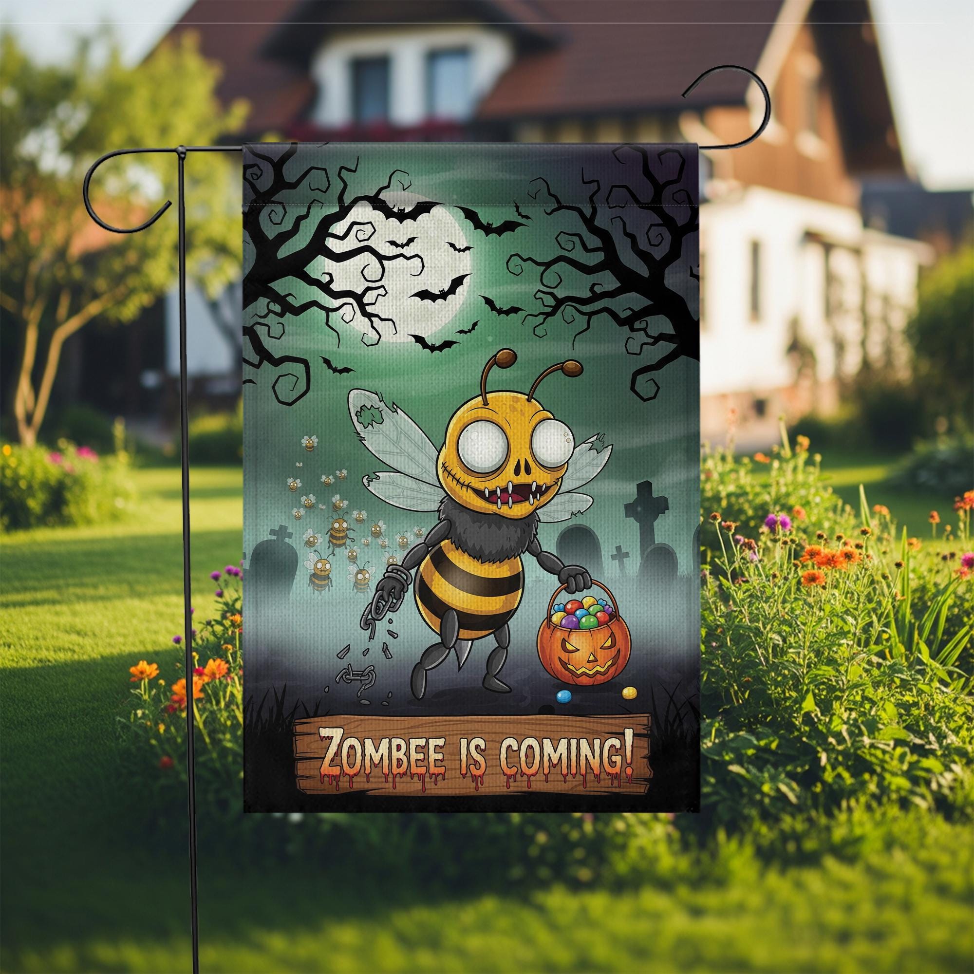 Zombee Halloween Garden Flag – Funny Zombie Bee Yard Sign – Spooky Cute Fall Outdoor Décor