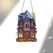 Haunted Bookstore Suncatcher, Halloween Window Decor, Gothic Witchy Window Hanging, Spooky Ghost Cat Ornament, Fall Decor