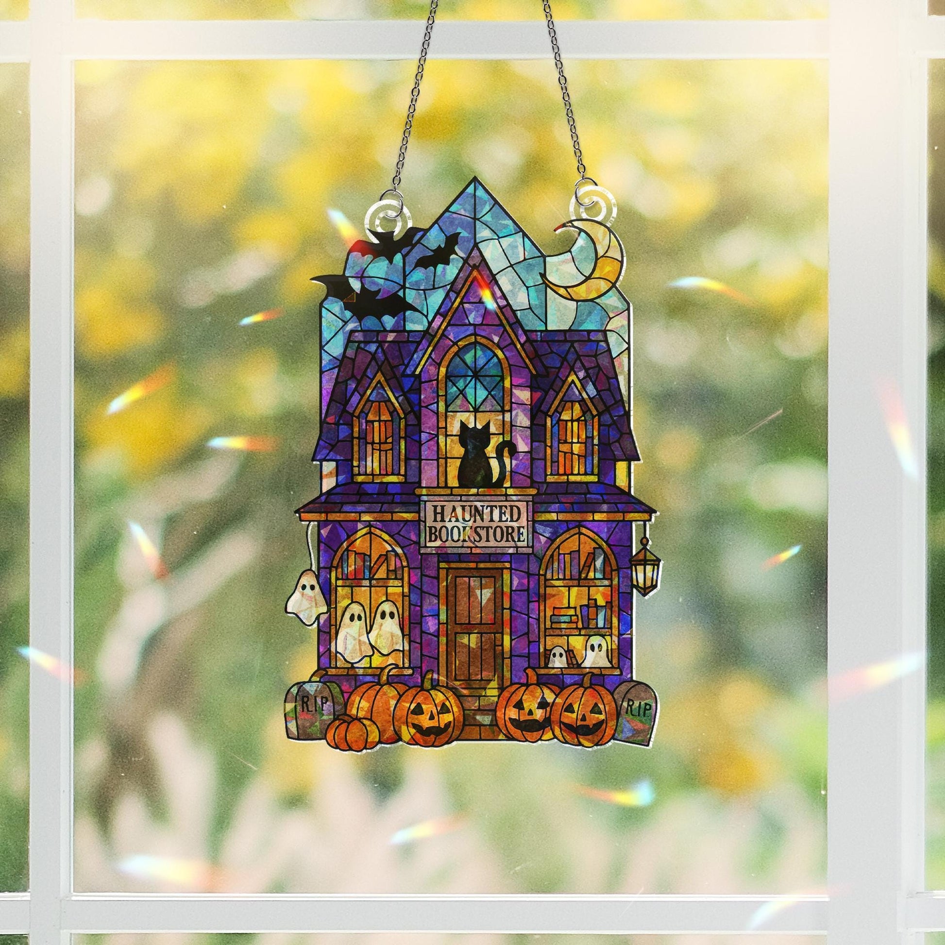 Haunted Bookstore Suncatcher, Halloween Window Decor, Gothic Witchy Window Hanging, Spooky Ghost Cat Ornament, Fall Decor