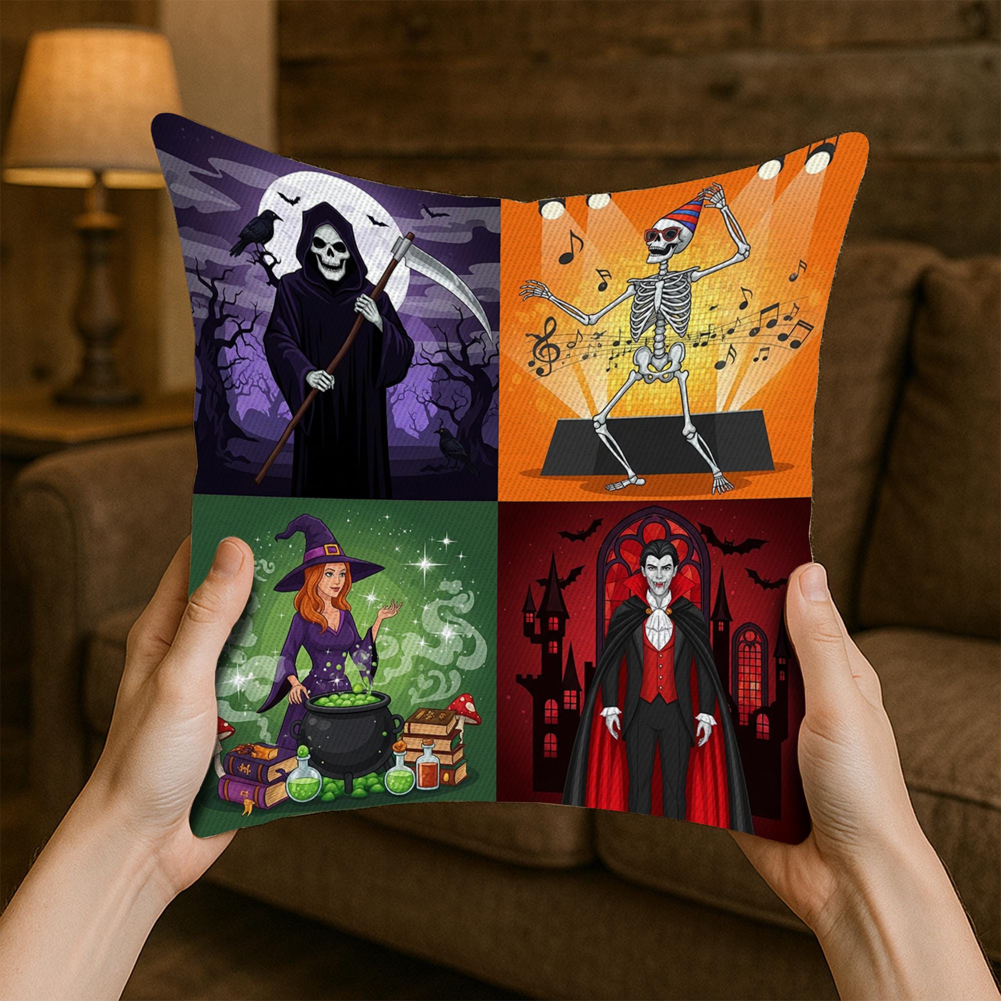 Halloween Pillow Cover – Grim Reaper Witch Skeleton Vampire – Spooky 4 Panel Throw Pillow – Fall Couch Decor