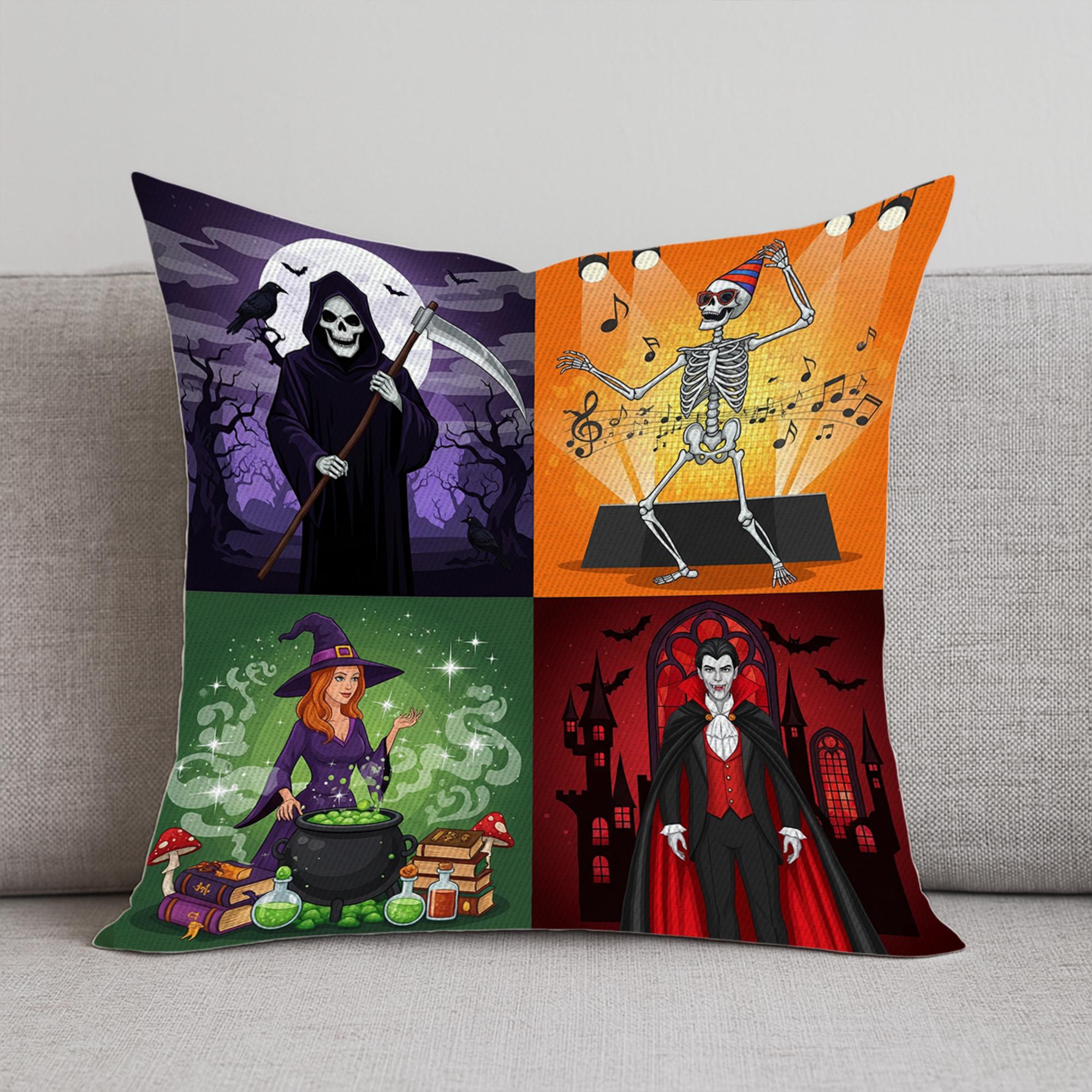 Halloween Pillow Cover – Grim Reaper Witch Skeleton Vampire – Spooky 4 Panel Throw Pillow – Fall Couch Decor