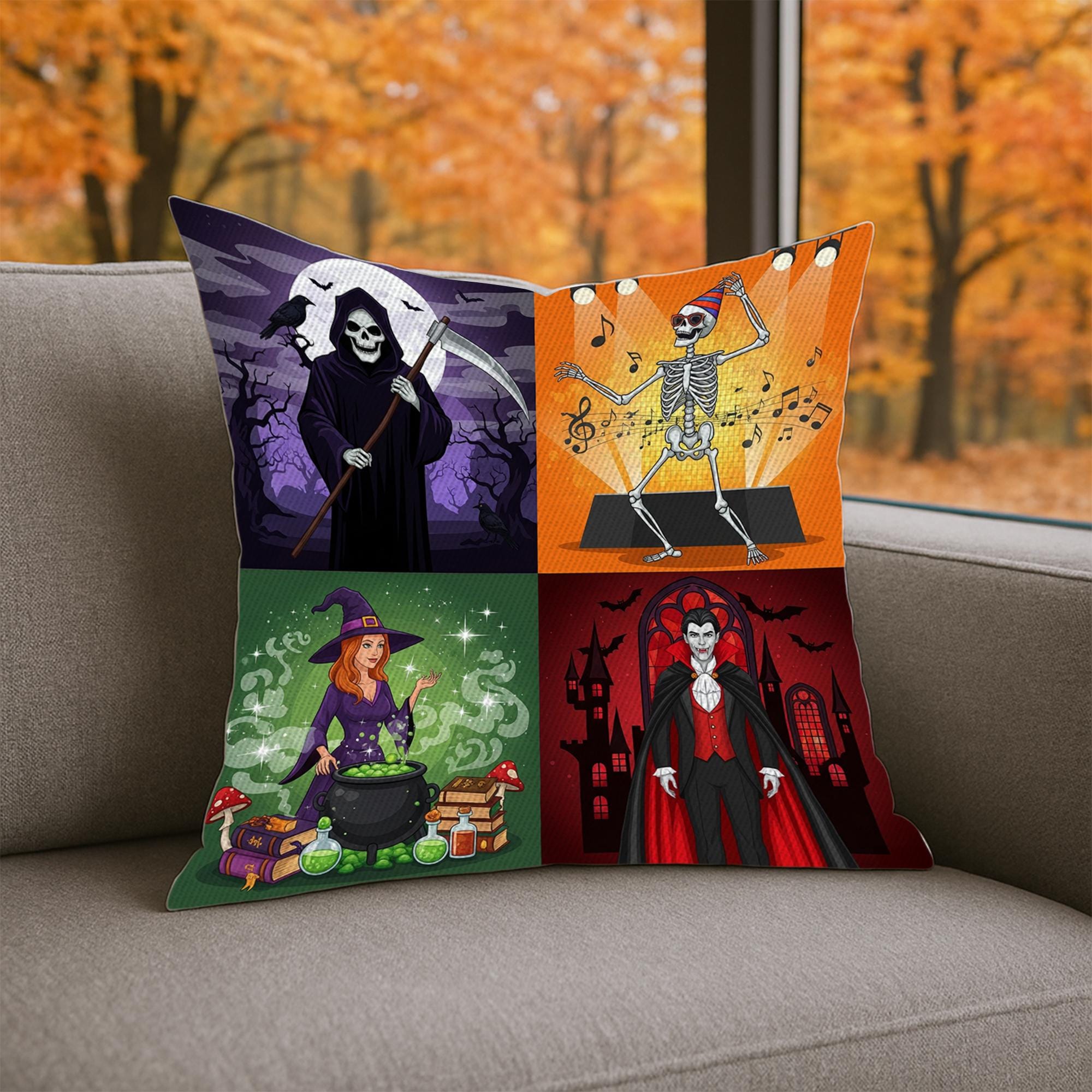 Halloween Pillow Cover – Grim Reaper Witch Skeleton Vampire – Spooky 4 Panel Throw Pillow – Fall Couch Decor