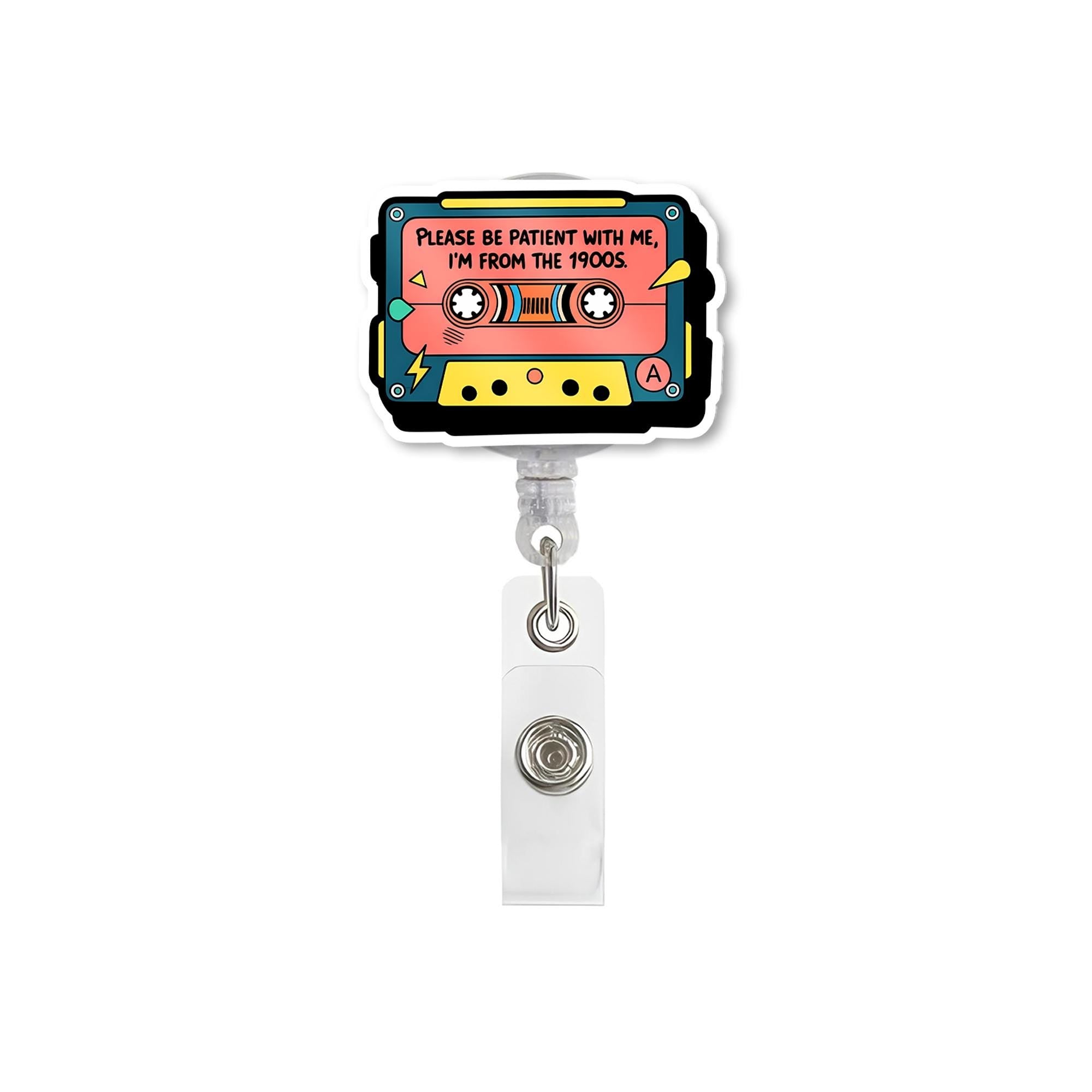 Funny Retro Badge Reel, 90s Cassette Tape ID Holder, Vintage Nurse Badge Clip, Humor Work Lanyard, Cute Office Accessory