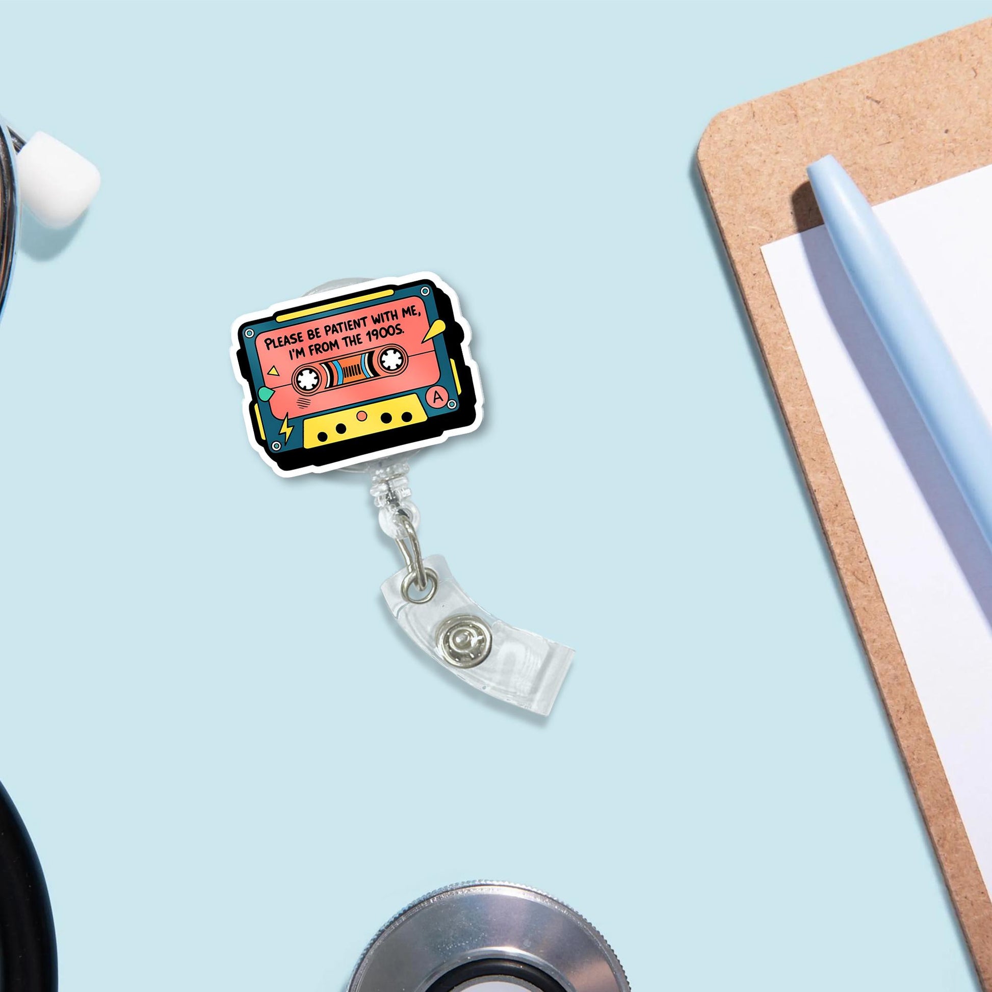 Funny Retro Badge Reel, 90s Cassette Tape ID Holder, Vintage Nurse Badge Clip, Humor Work Lanyard, Cute Office Accessory