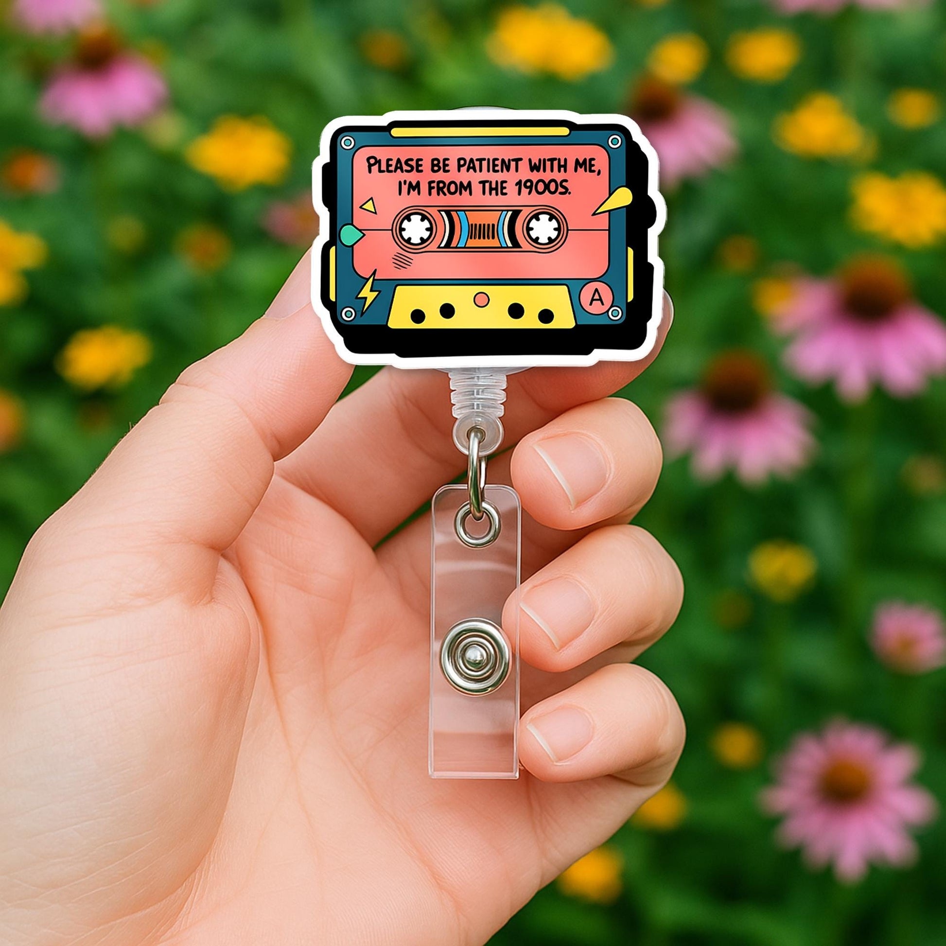 Funny Retro Badge Reel, 90s Cassette Tape ID Holder, Vintage Nurse Badge Clip, Humor Work Lanyard, Cute Office Accessory