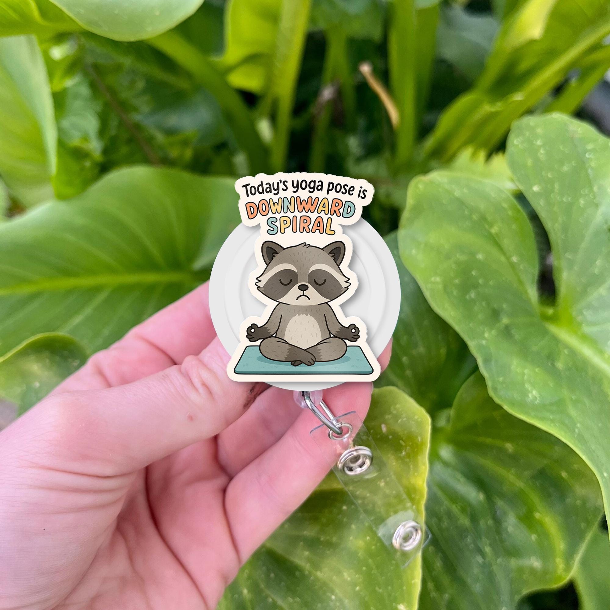 Funny Raccoon Badge Reel, Yoga Humor ID Holder, Downward Spiral Clip, Cute Work Lanyard, Mental Health Badge, Nurse Gift