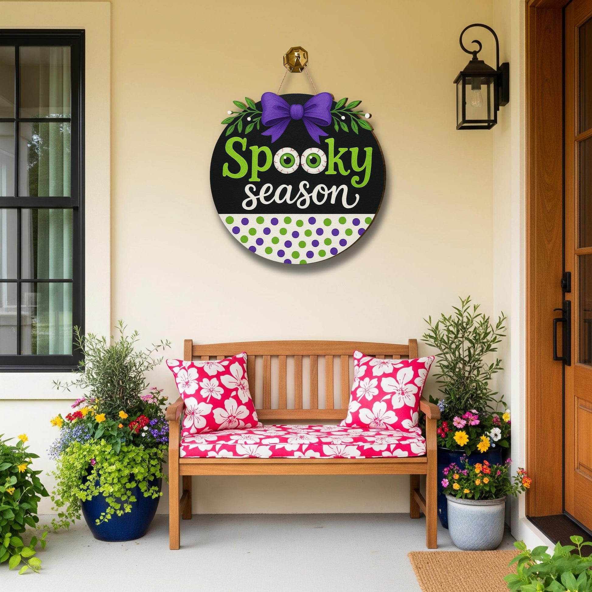 Spooky Season 3D Wooden Sign, Halloween Door Hanger with Eyeballs & Bow, Cute Purple Green Fall Decor, Funny Holiday Wall Art