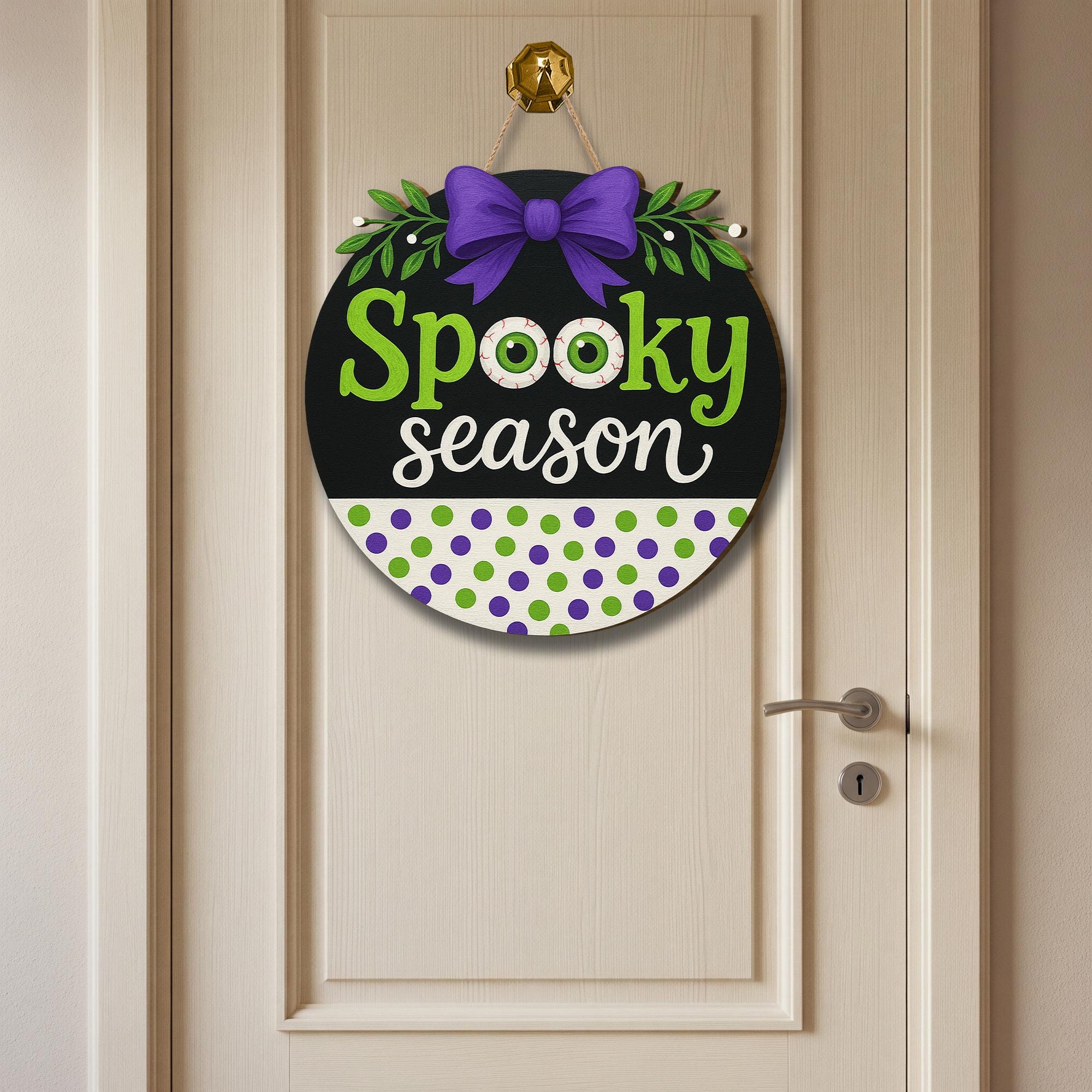 Spooky Season 3D Wooden Sign, Halloween Door Hanger with Eyeballs & Bow, Cute Purple Green Fall Decor, Funny Holiday Wall Art