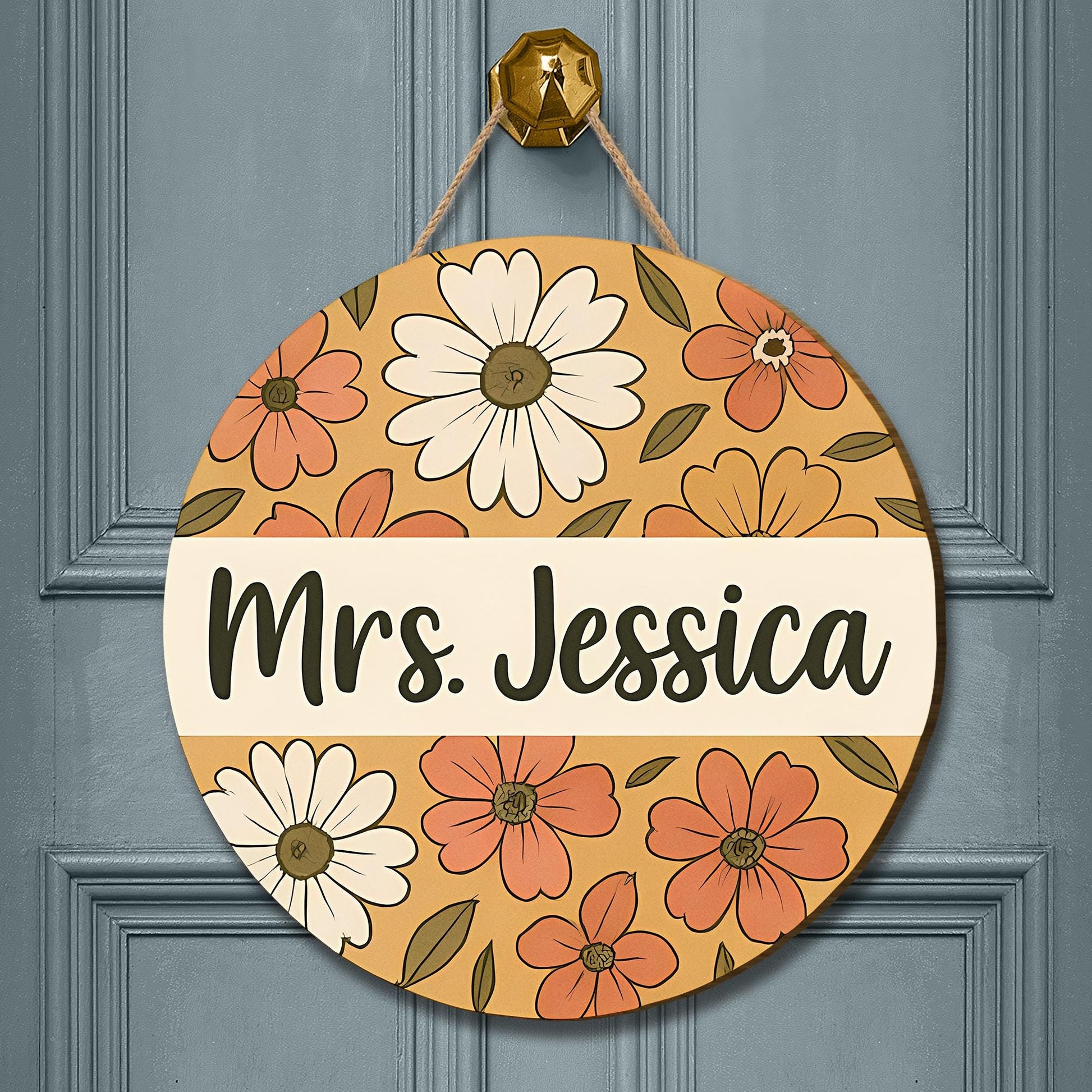 Personalized Teacher Door Hanger, Floral Classroom Sign, Custom Name Sign for Teachers, Back to School Gift, Door Decor for Office