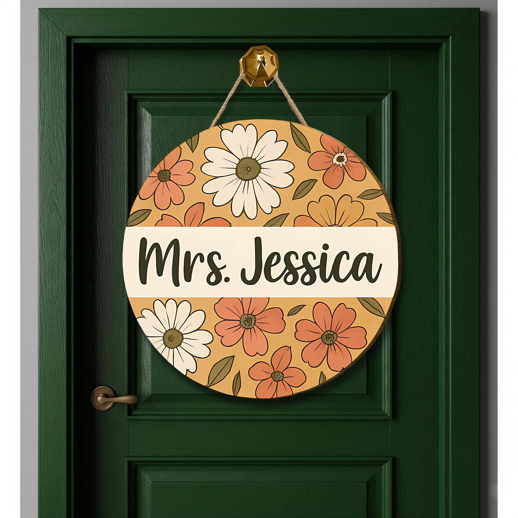 Personalized Teacher Door Hanger, Floral Classroom Sign, Custom Name Sign for Teachers, Back to School Gift, Door Decor for Office