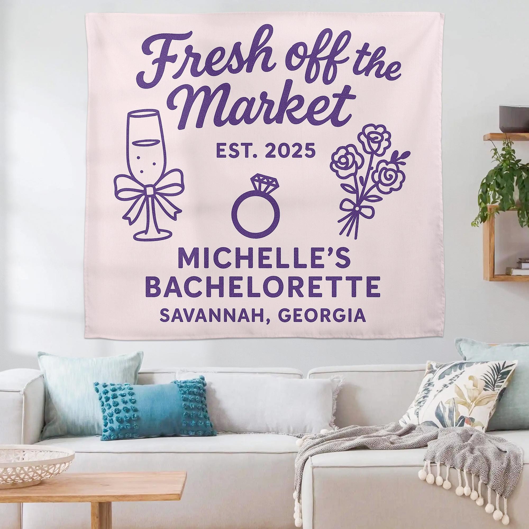 Fresh Off the Market Bachelorette Tapestry, Personalized Bridal Party Banner, Engagement Wall Decor, Custom Hen Party Sign