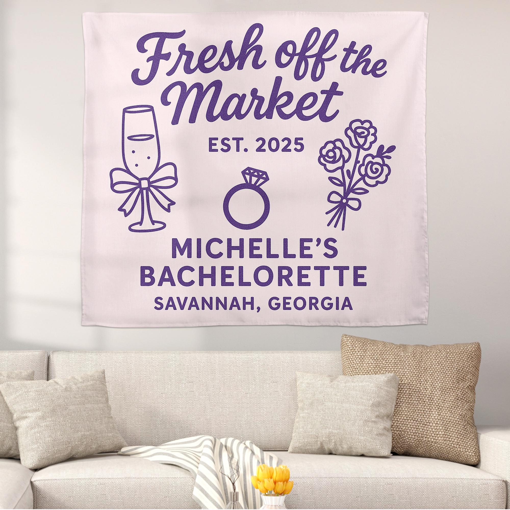 Fresh Off the Market Bachelorette Tapestry, Personalized Bridal Party Banner, Engagement Wall Decor, Custom Hen Party Sign