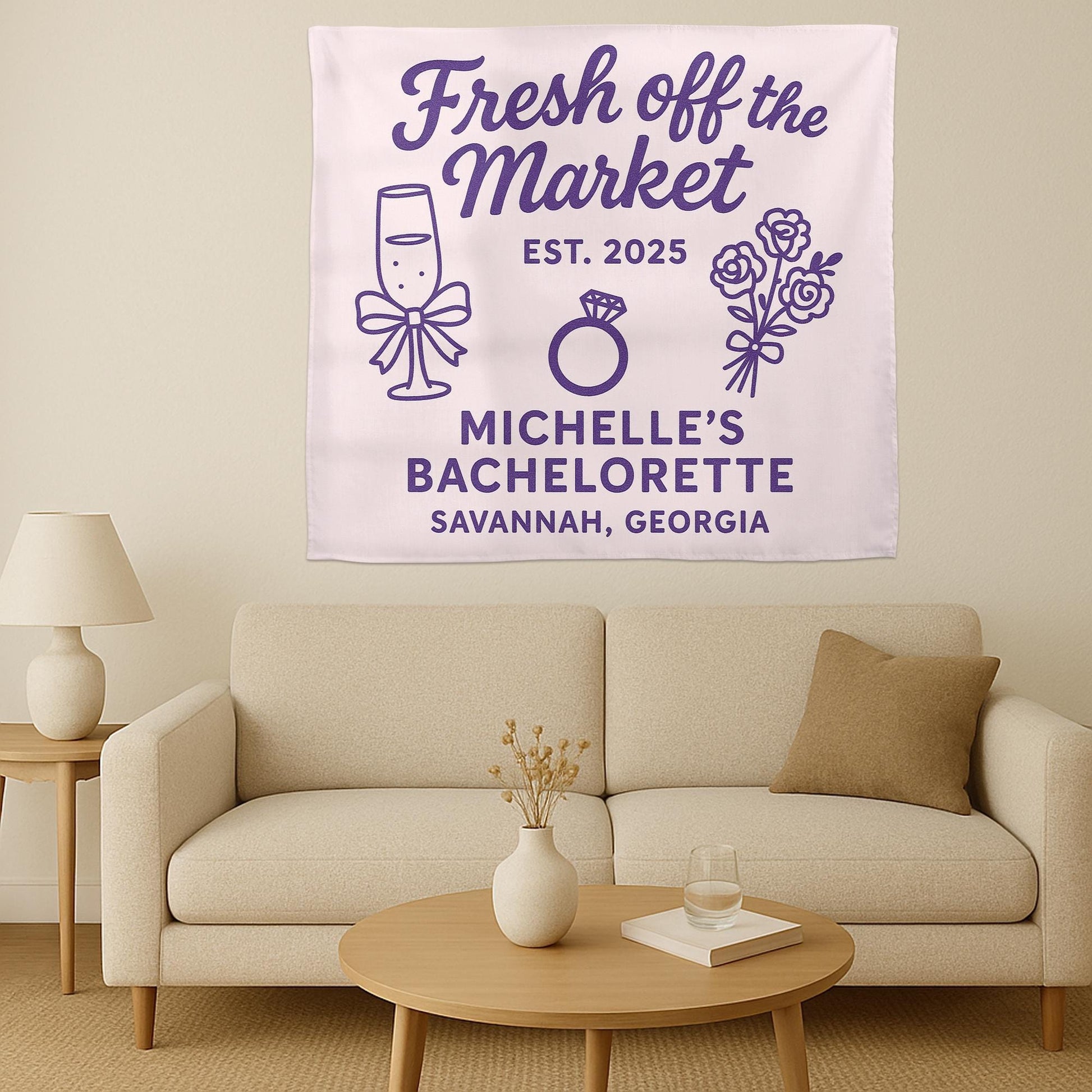 Fresh Off the Market Bachelorette Tapestry, Personalized Bridal Party Banner, Engagement Wall Decor, Custom Hen Party Sign
