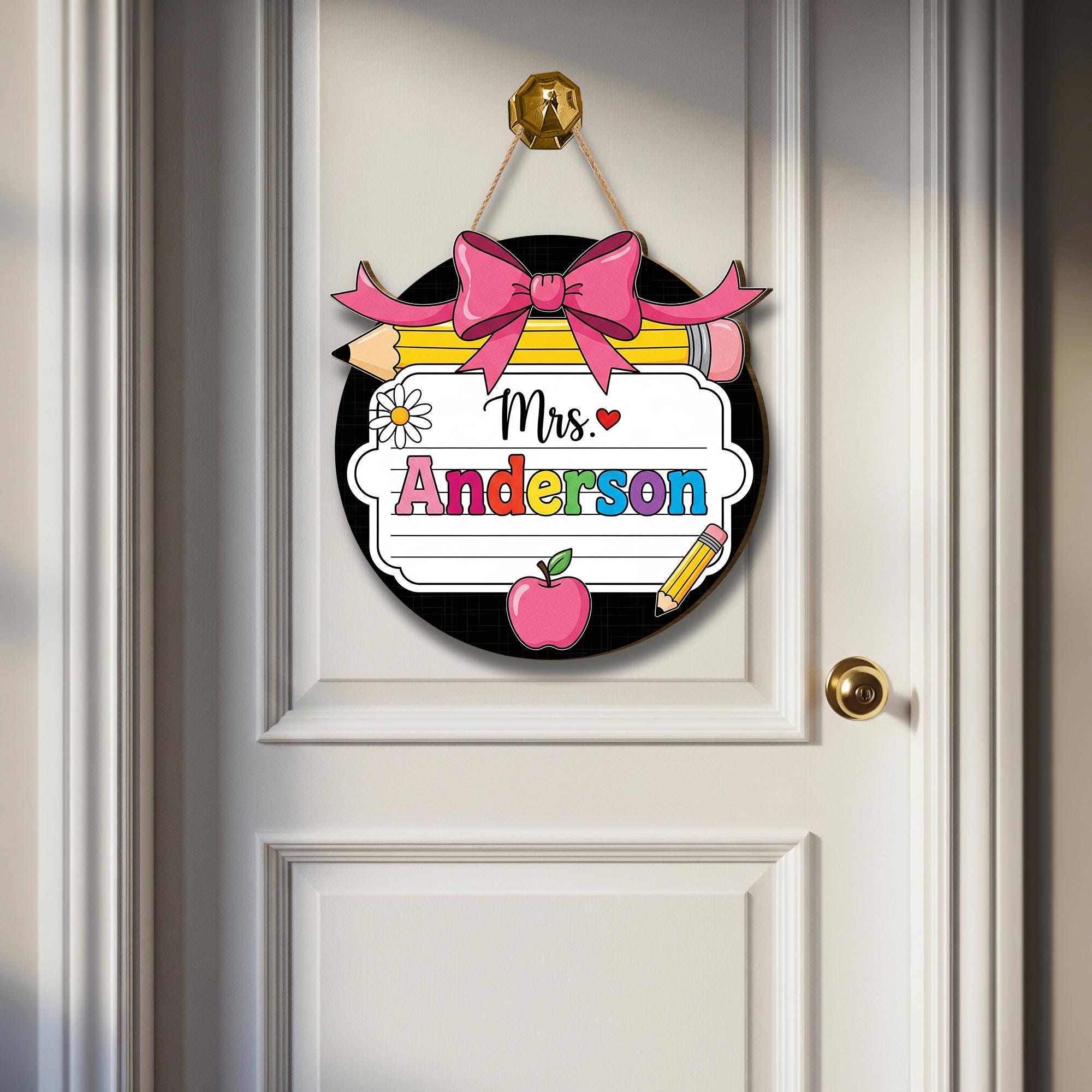 Personalized Teacher Door Sign | Round Classroom Name Sign | Custom Pencil Apple Decor | Cute Back to School Gift | Teacher Name Tag